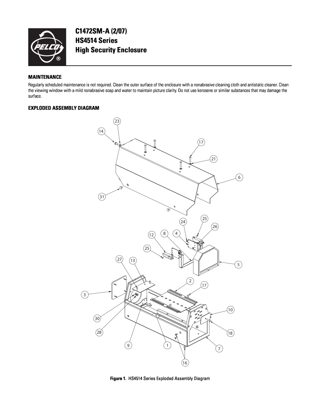 Pelco manual Maintenance, Exploded Assembly Diagram, C1472SM-A2/07 HS4514 Series, High Security Enclosure 