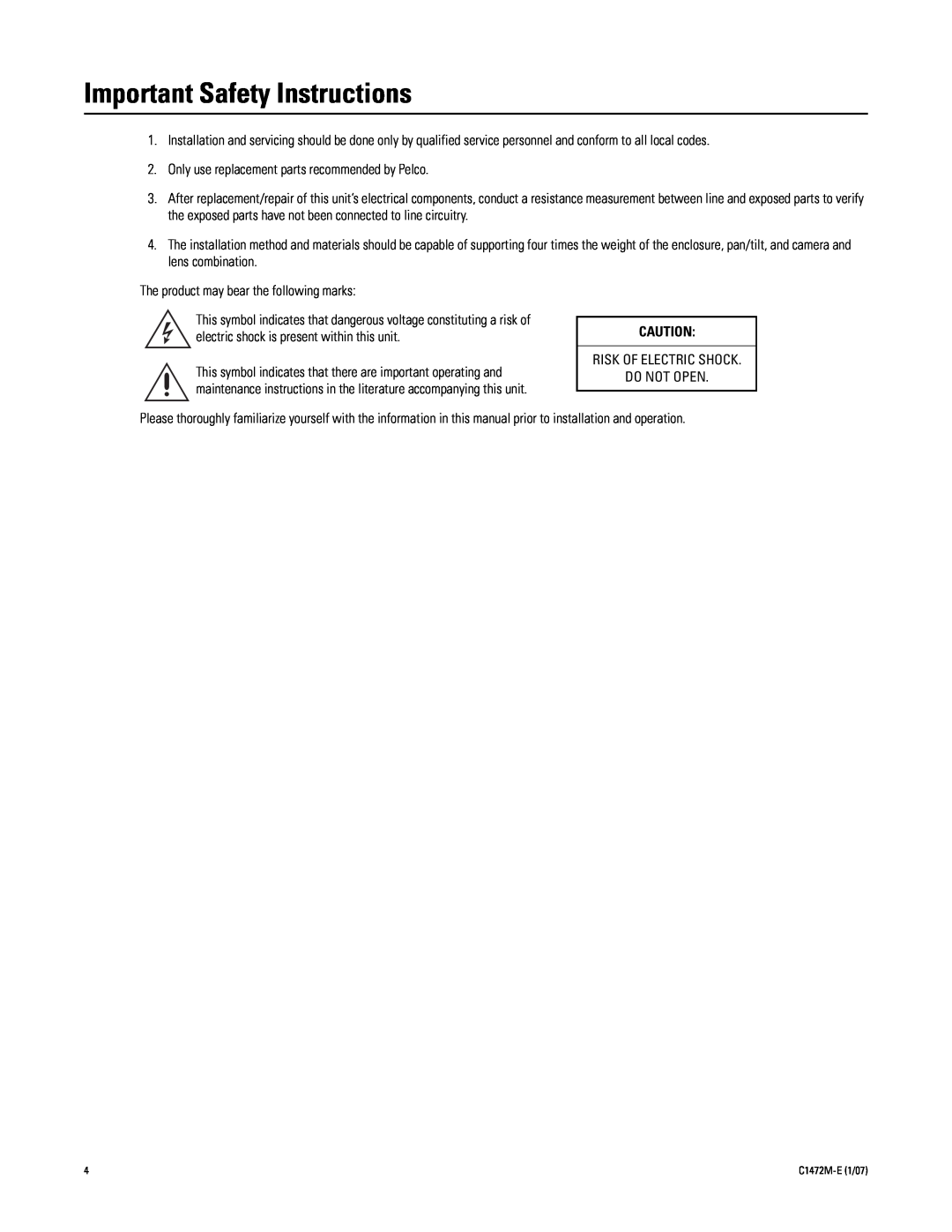 Pelco HS4514 manual Important Safety Instructions 