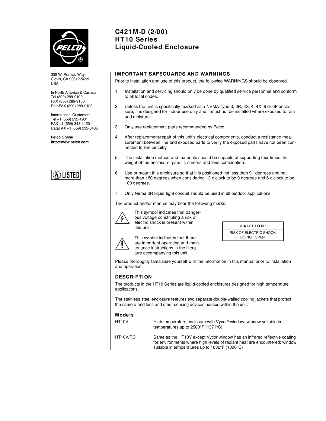 Pelco HT10 manual Important Safeguards and Warnings, Description, Models 