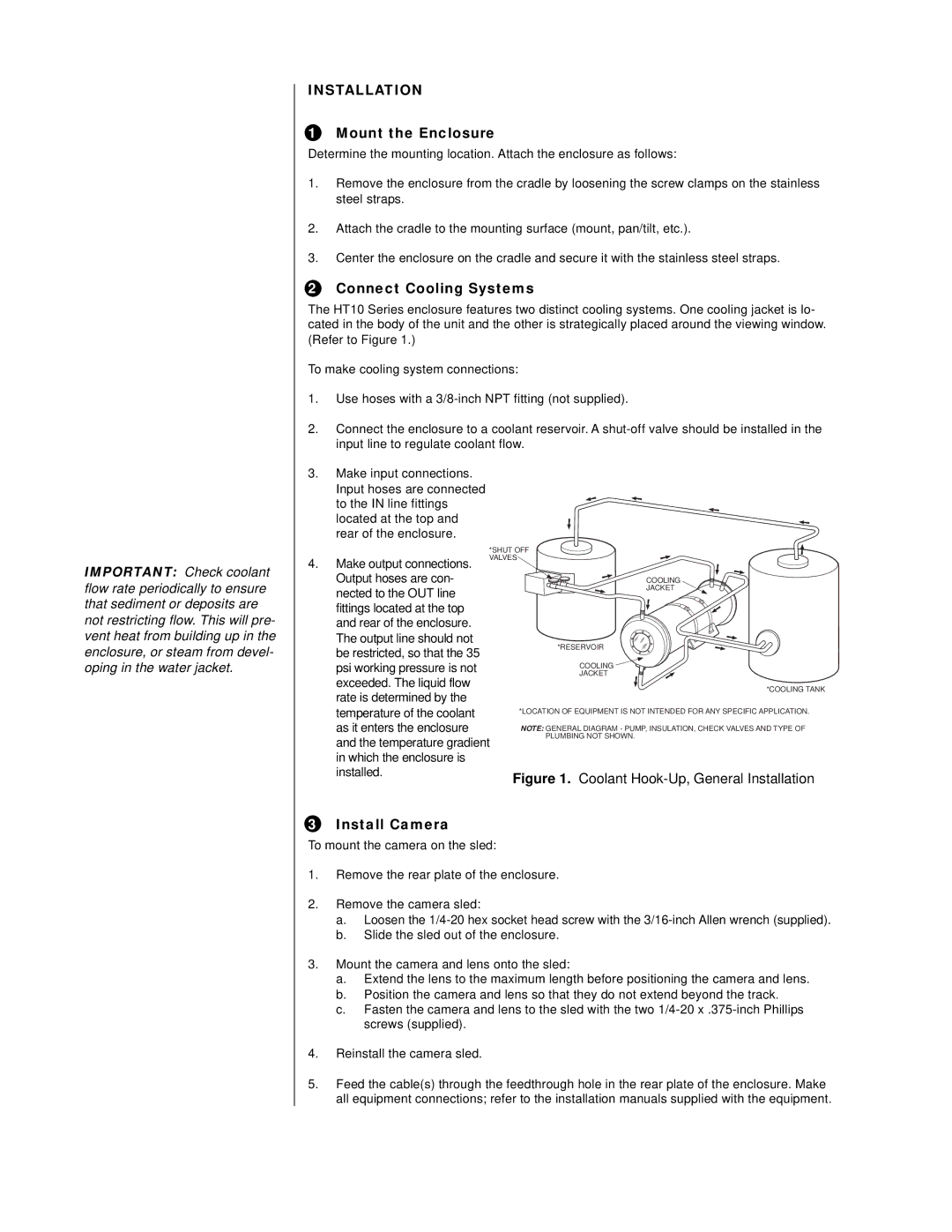 Pelco HT10 manual Installation, Mount the Enclosure, Connect Cooling Systems, Install Camera 