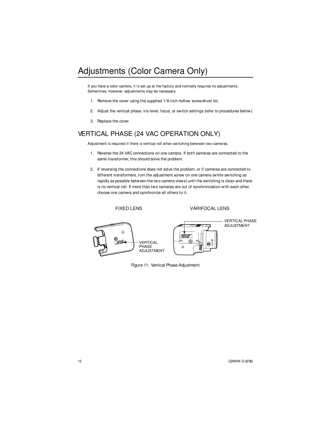 Pelco ICS210 manual Adjustments Color Camera Only, Vertical Phase 24 VAC Operation only 