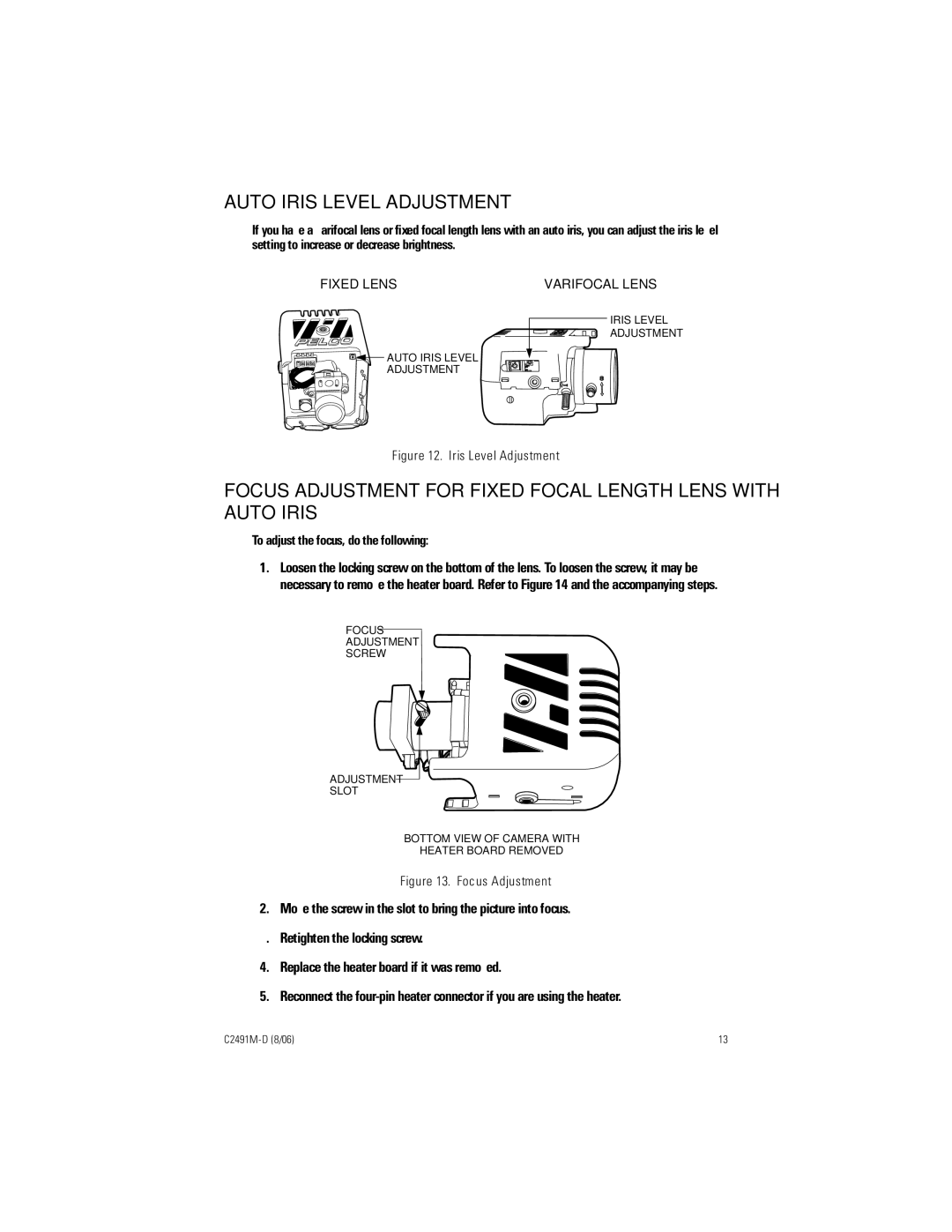 Pelco ICS210 manual Auto Iris Level Adjustment, Focus Adjustment for Fixed Focal Length Lens with Auto Iris 