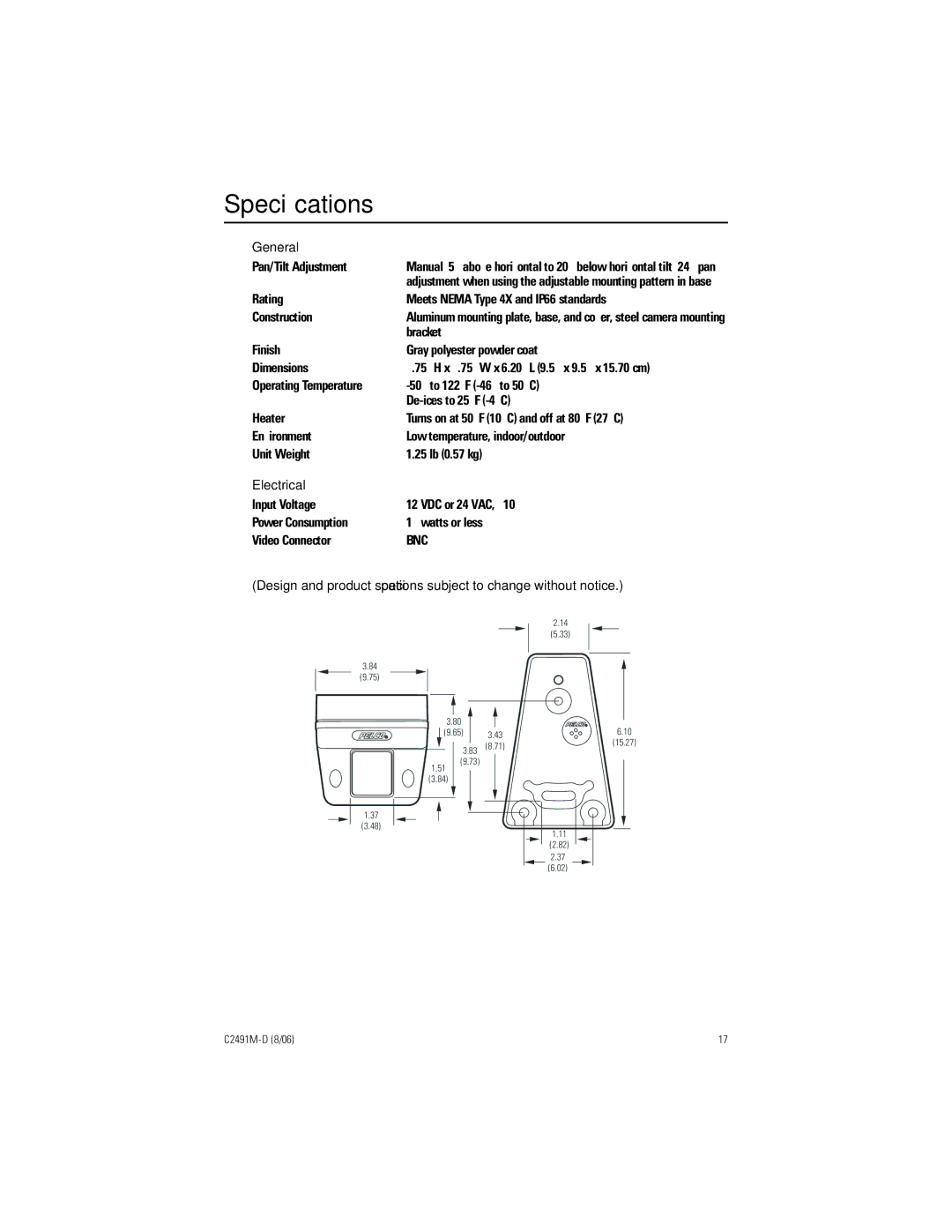 Pelco ICS210 manual Speciﬁcations, General 