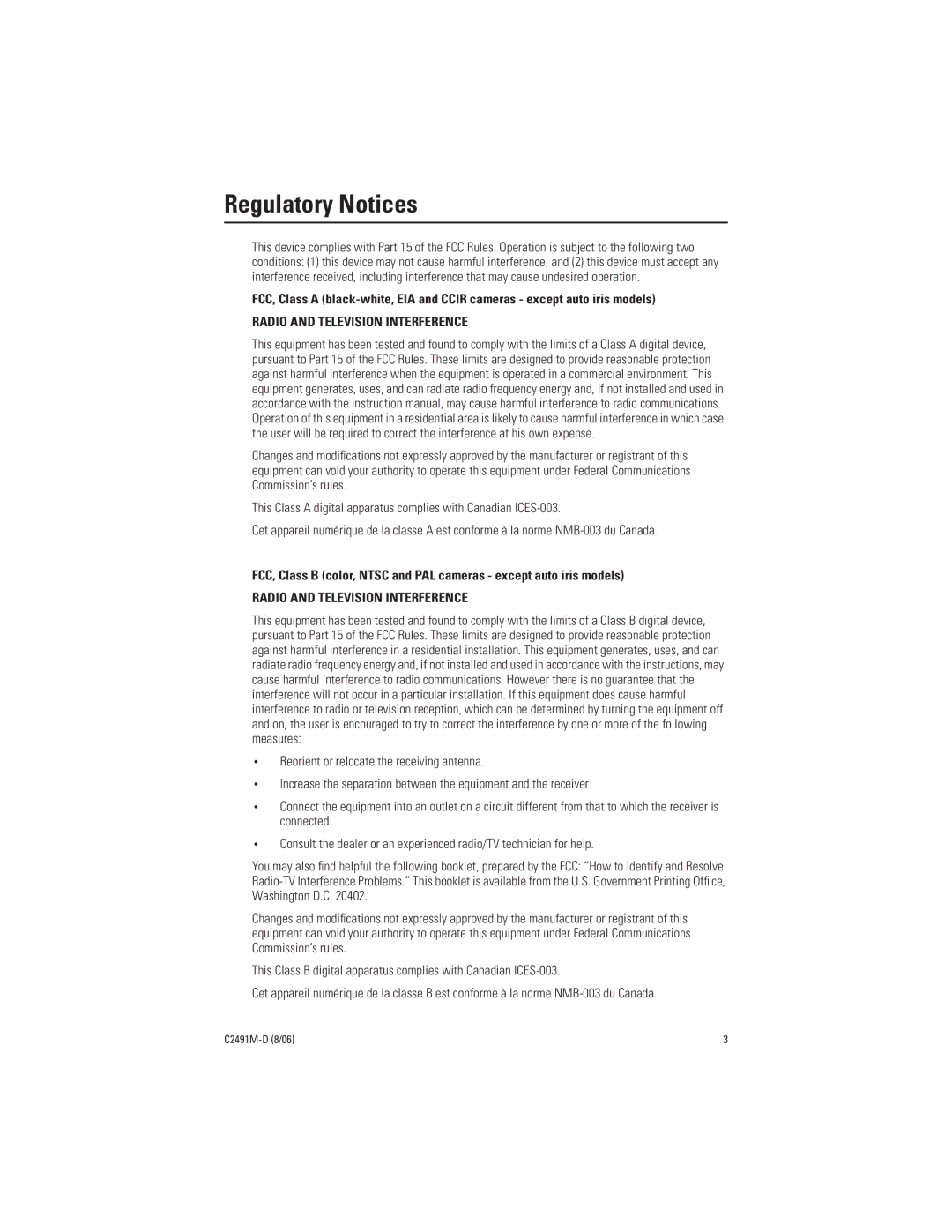 Pelco ICS210 manual Regulatory Notices, Radio and Television Interference 