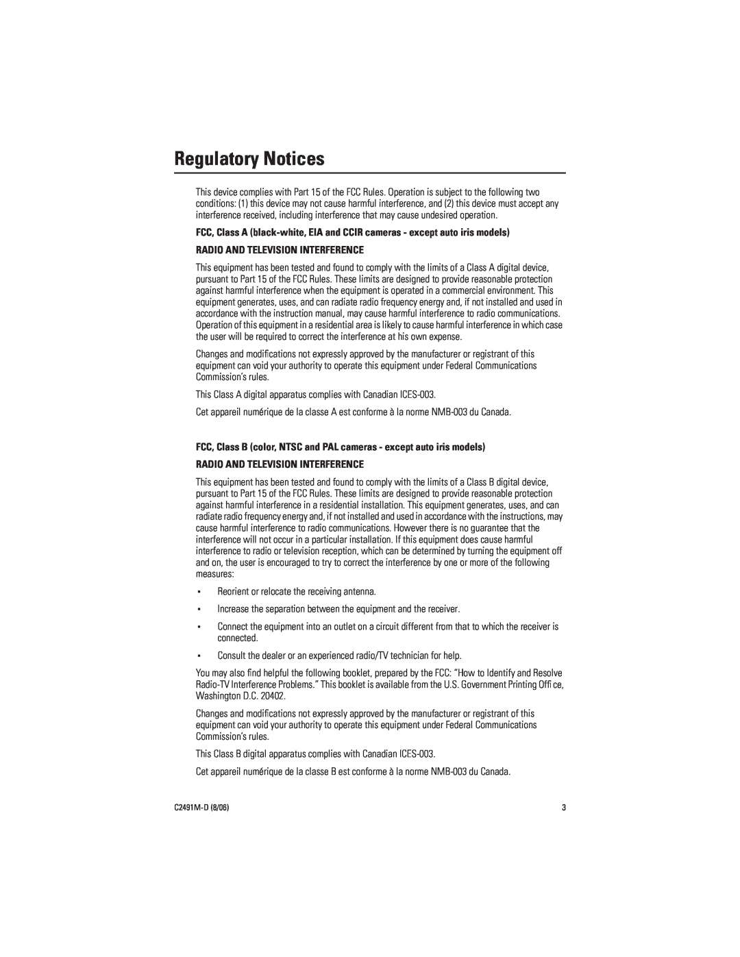 Pelco ICS210 manual Regulatory Notices, Radio And Television Interference 