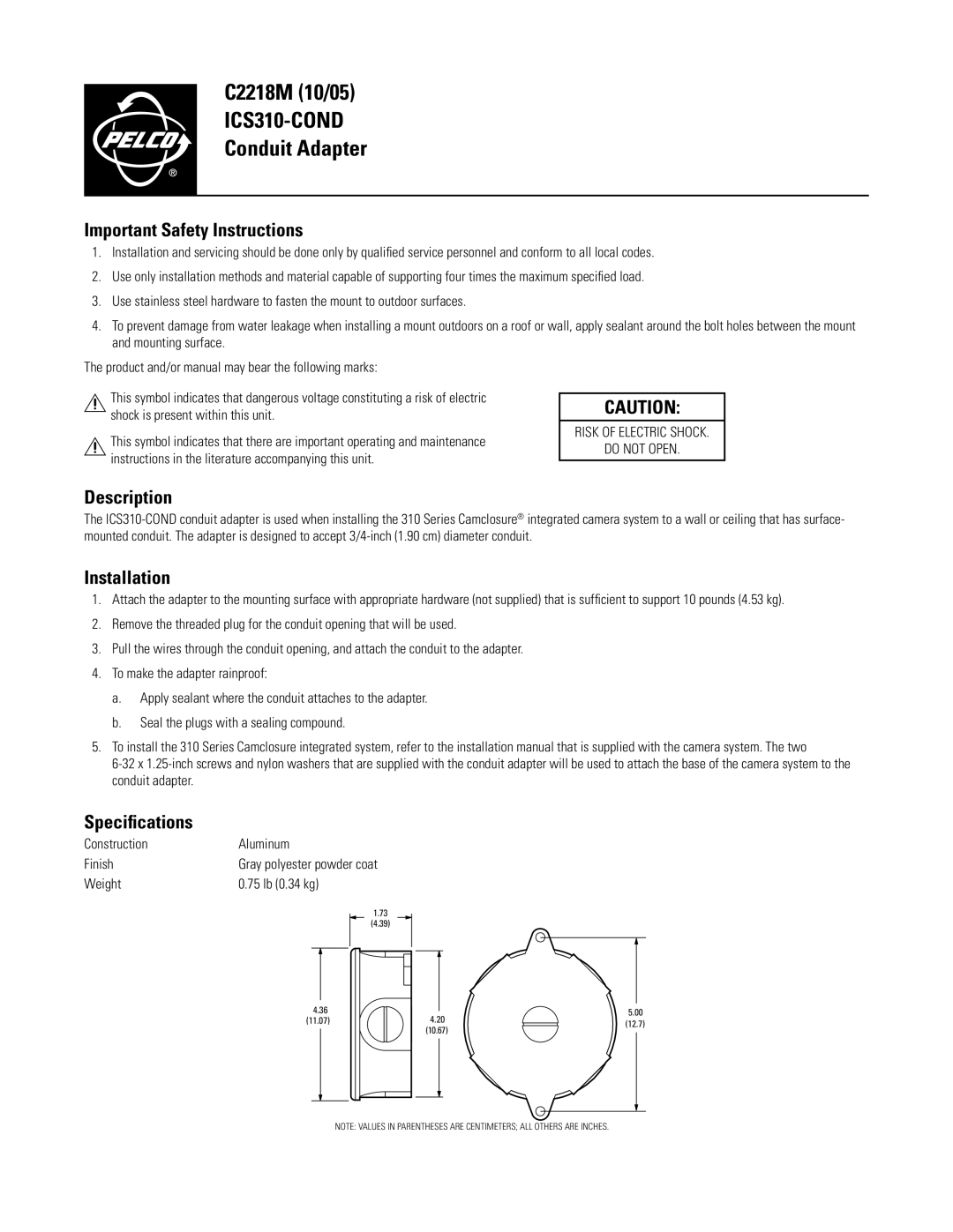 Pelco ICS310-COND specifications Important Safety Instructions, Description, Installation, Speciﬁcations 