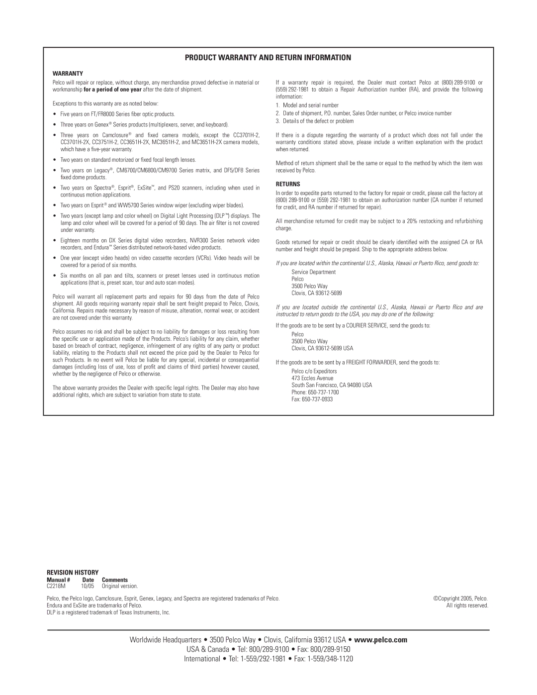 Pelco ICS310-COND specifications Warranty, Returns 