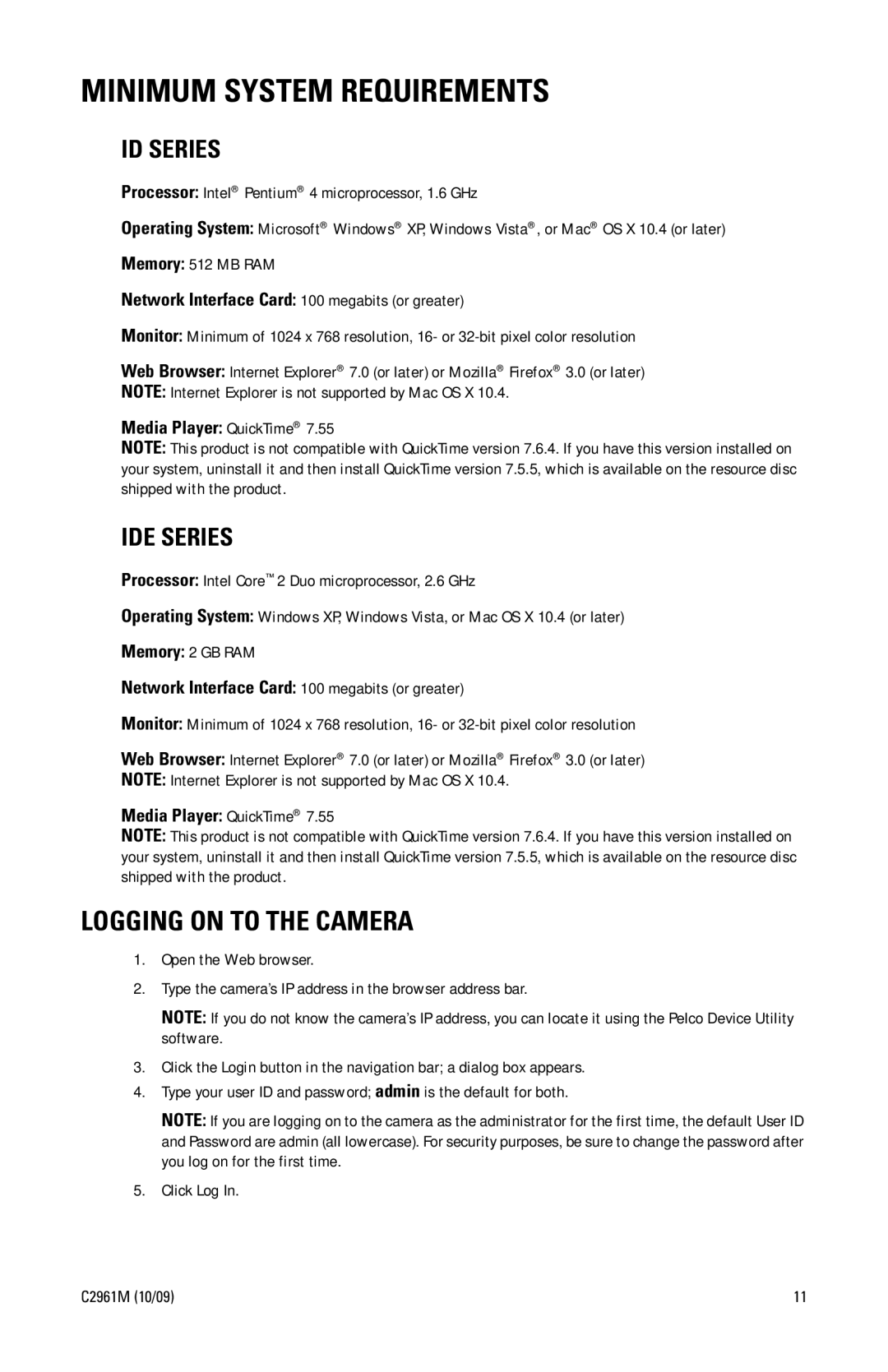 Pelco IDE quick start Minimum System Requirements, Logging on to the Camera 