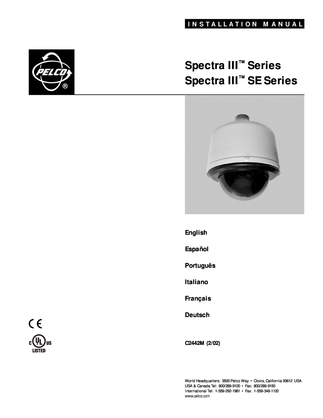 Pelco installation manual Spectra III Series Spectra III SE Series, I N S T A L L A T I O N M A N U A L, Deutsch 