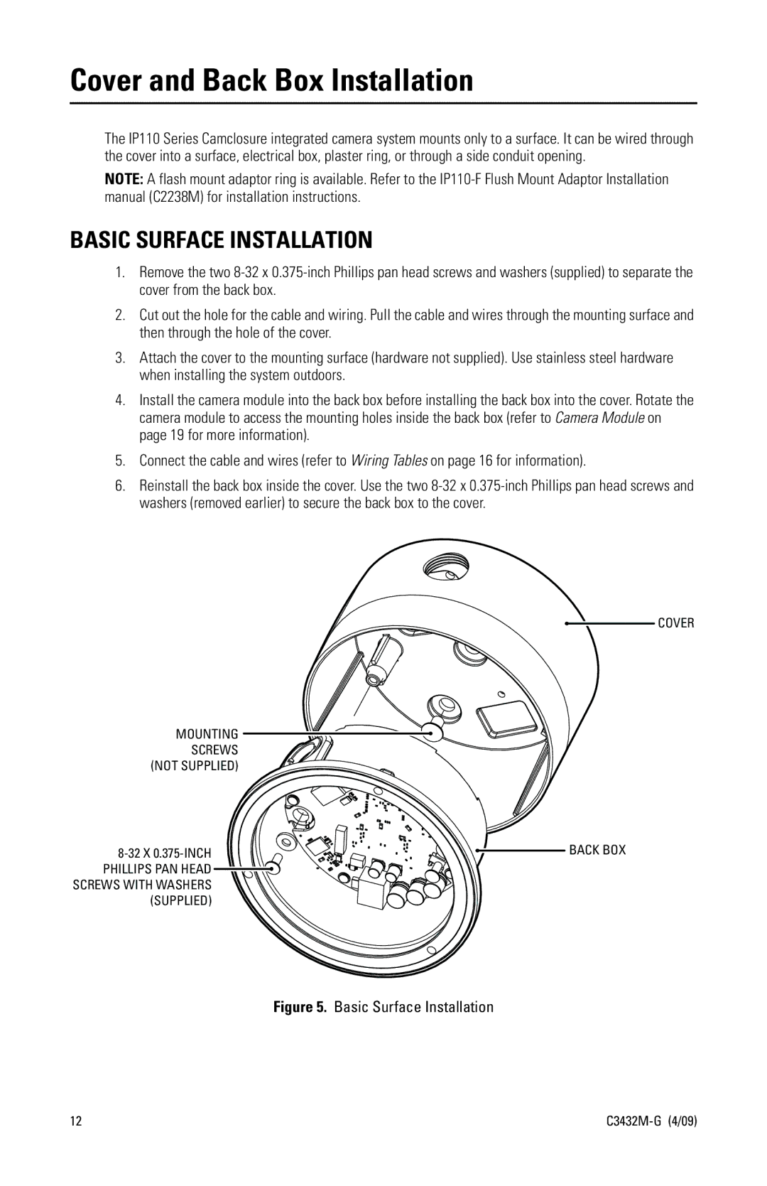 Pelco IP110 manual Cover and Back Box Installation, Basic Surface Installation 