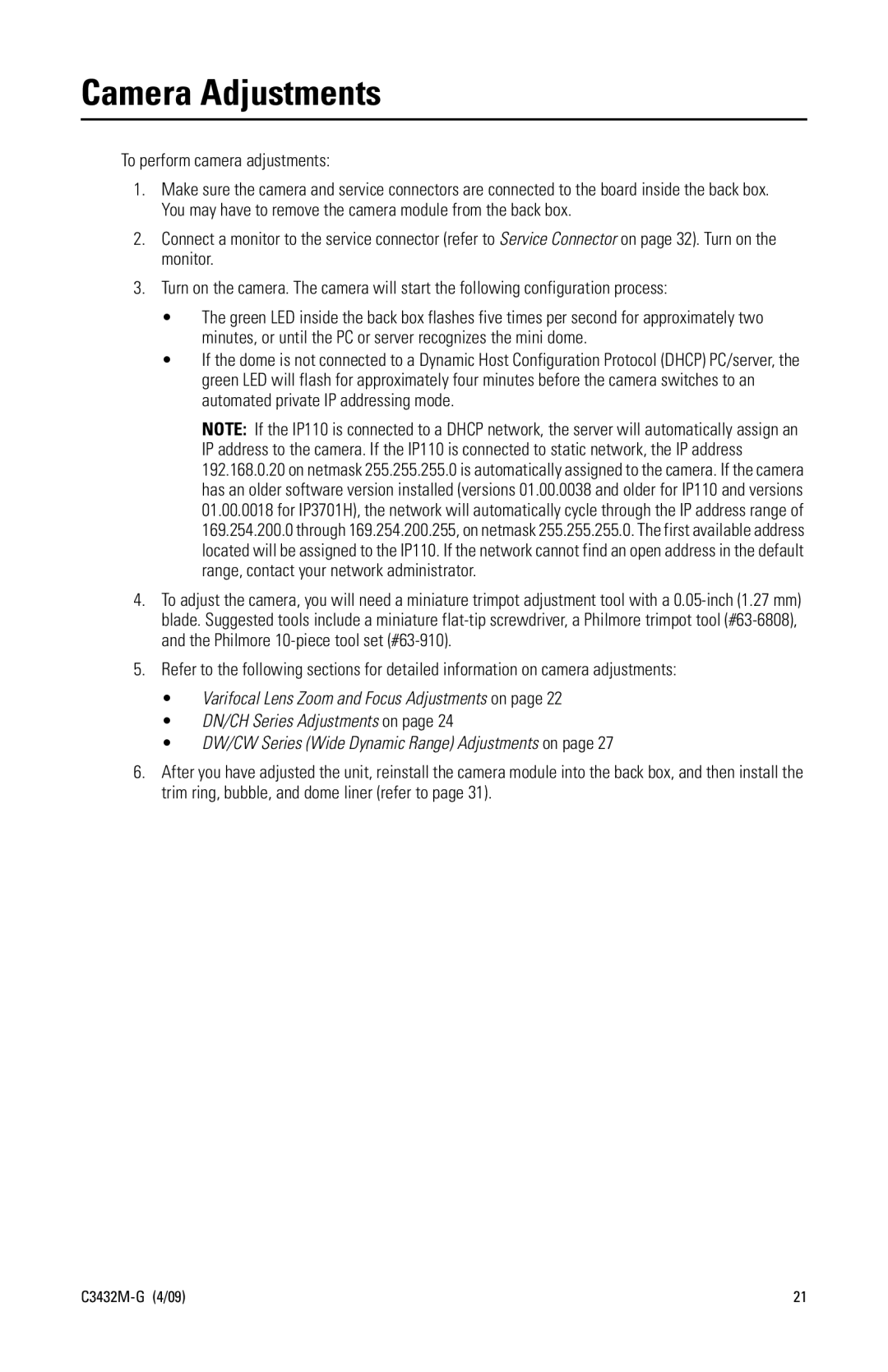 Pelco IP110 manual Camera Adjustments, To perform camera adjustments 