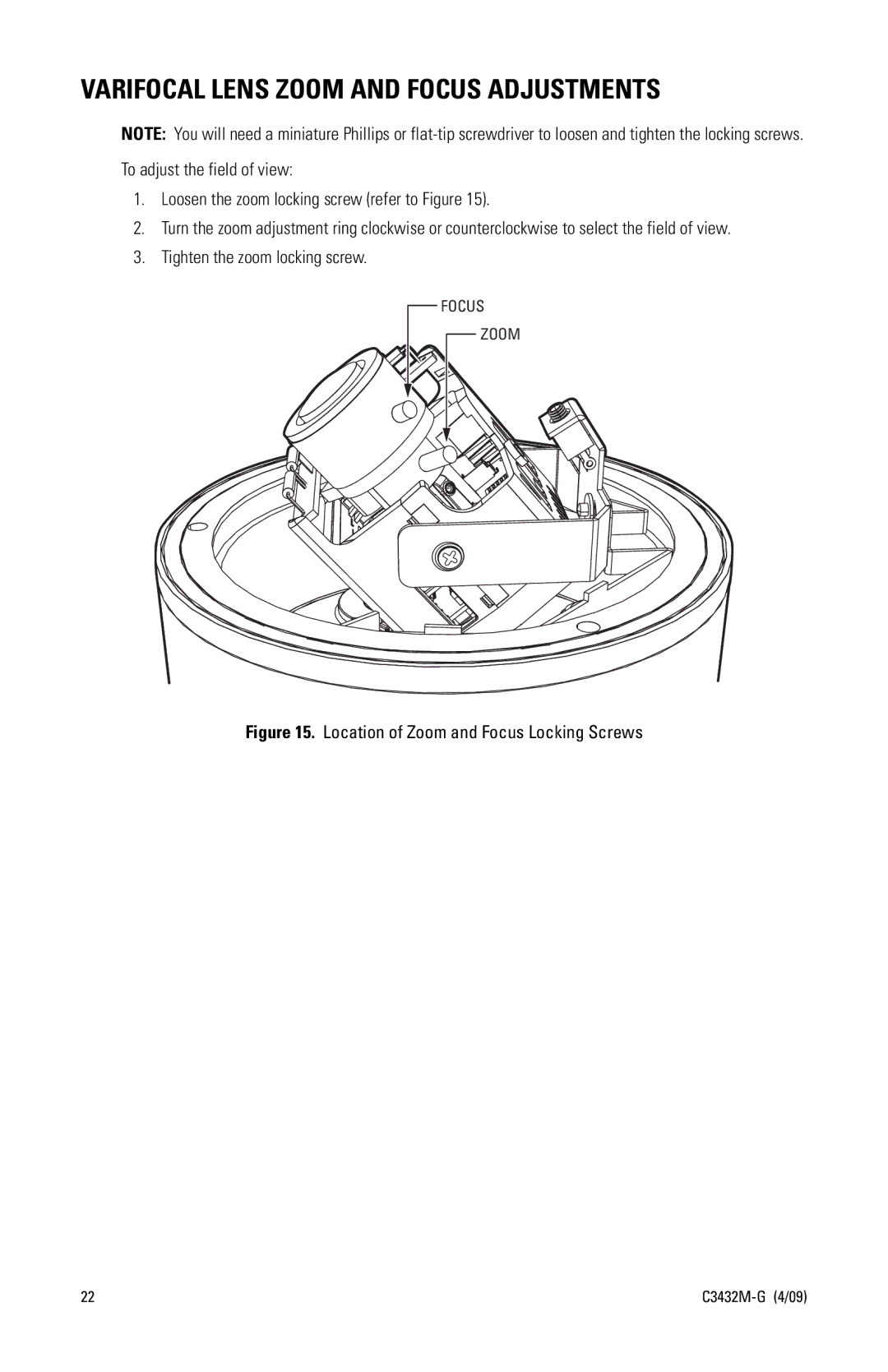 Pelco IP110 manual Varifocal Lens Zoom and Focus Adjustments, Location of Zoom and Focus Locking Screws 