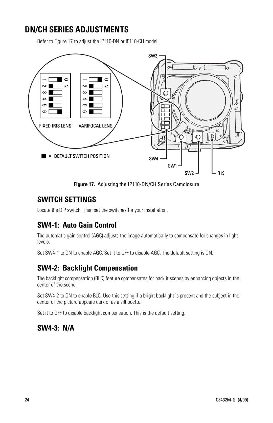 Pelco manual DN/CH Series Adjustments, Refer to to adjust the IP110-DN or IP110-CH model 