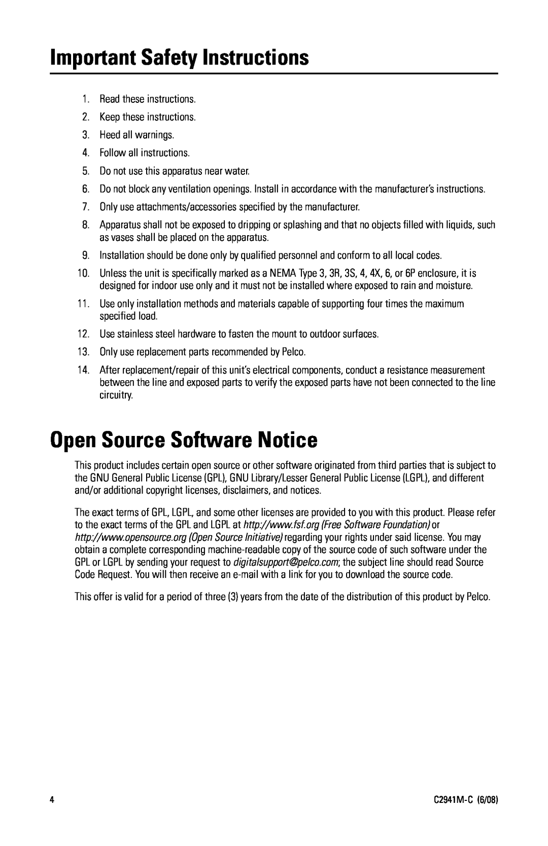 Pelco IP3701H-2 manual Important Safety Instructions, Open Source Software Notice 
