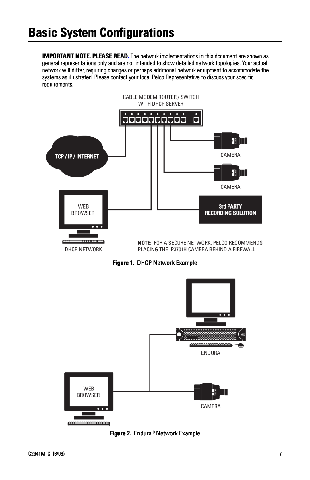 Pelco IP3701H-2 manual Basic System Configurations, DHCP Network Example, Endura Network Example, Tcp / Ip / Internet 
