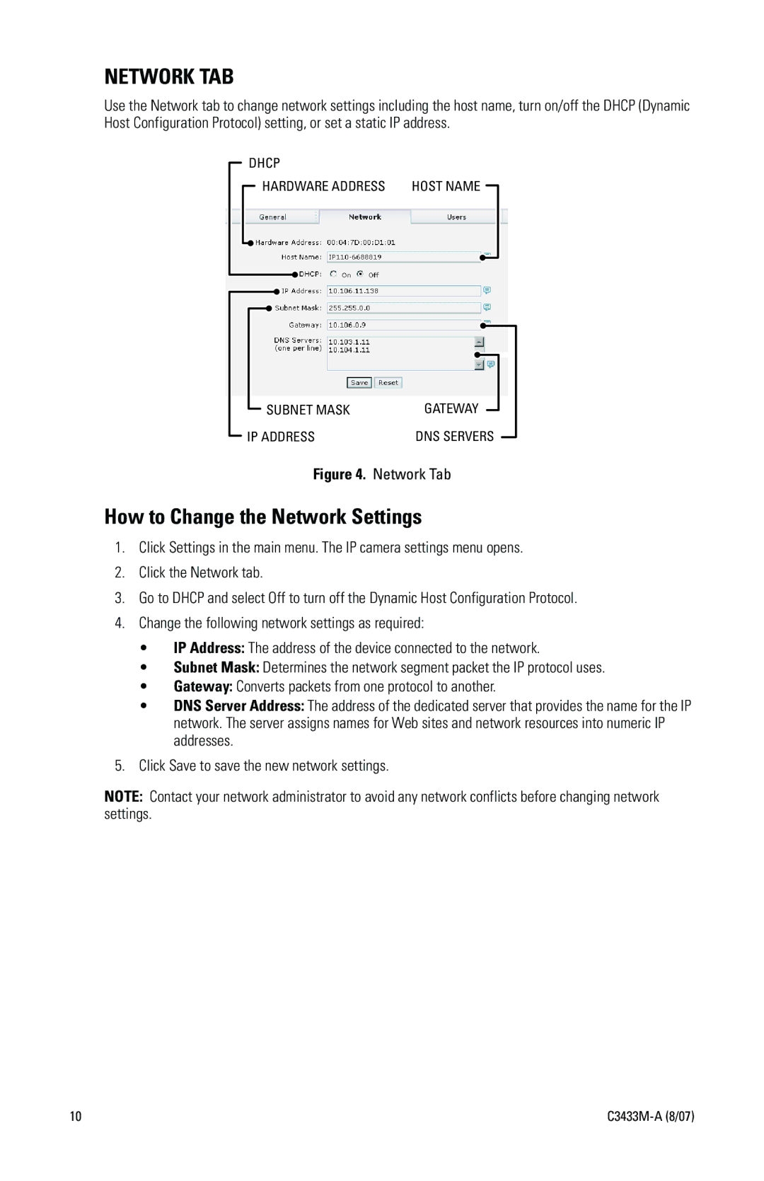 Pelco IP3701H quick start Network TAB, How to Change the Network Settings 