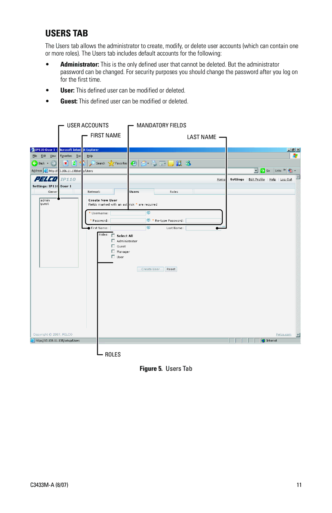 Pelco IP3701H quick start Users TAB, Users Tab 