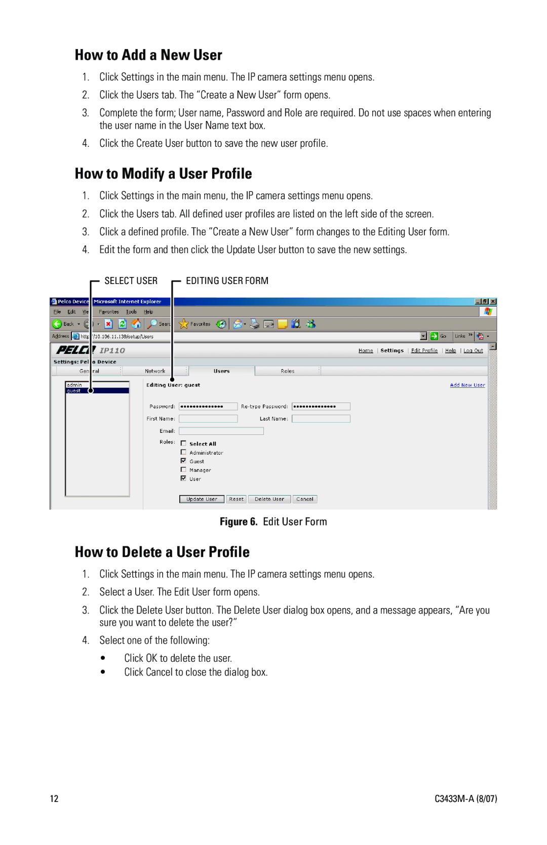 Pelco IP3701H quick start How to Add a New User, How to Modify a User Profile, How to Delete a User Profile 