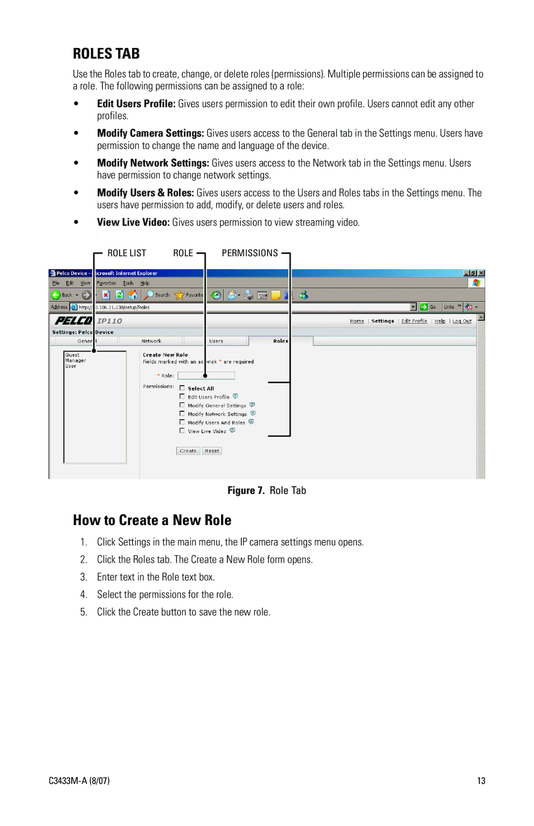 Pelco IP3701H quick start Roles TAB, How to Create a New Role 