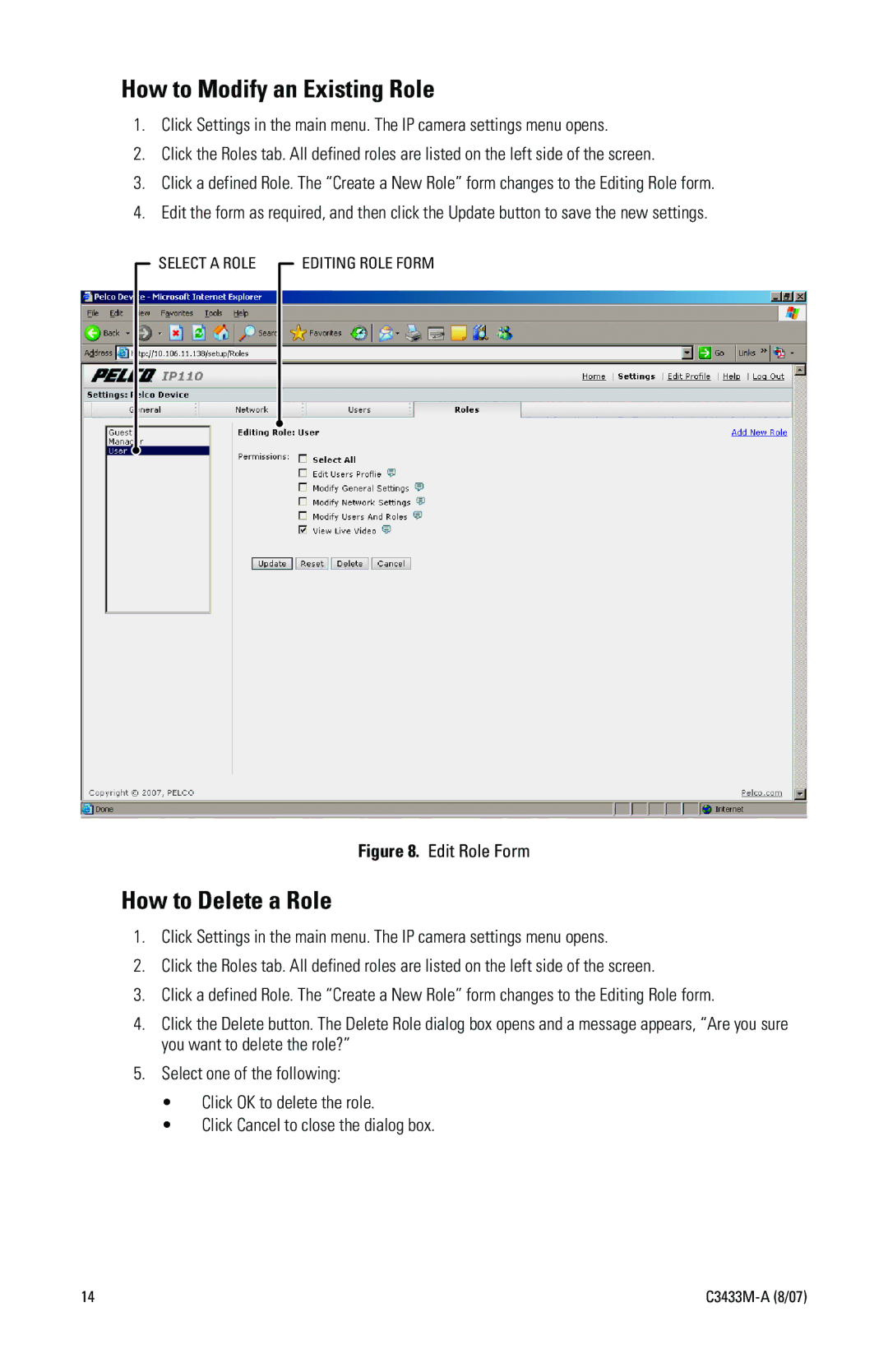 Pelco IP3701H quick start How to Modify an Existing Role, How to Delete a Role 