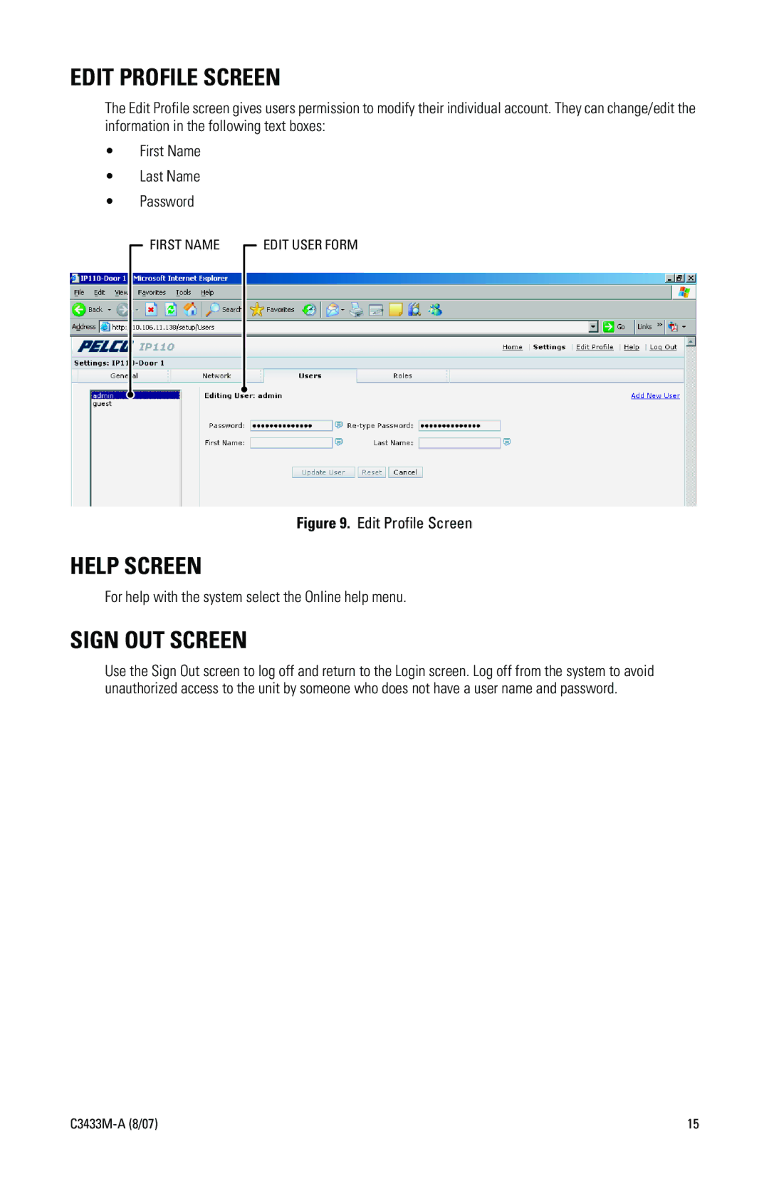 Pelco IP3701H quick start Edit Profile Screen, Help Screen, Sign OUT Screen 