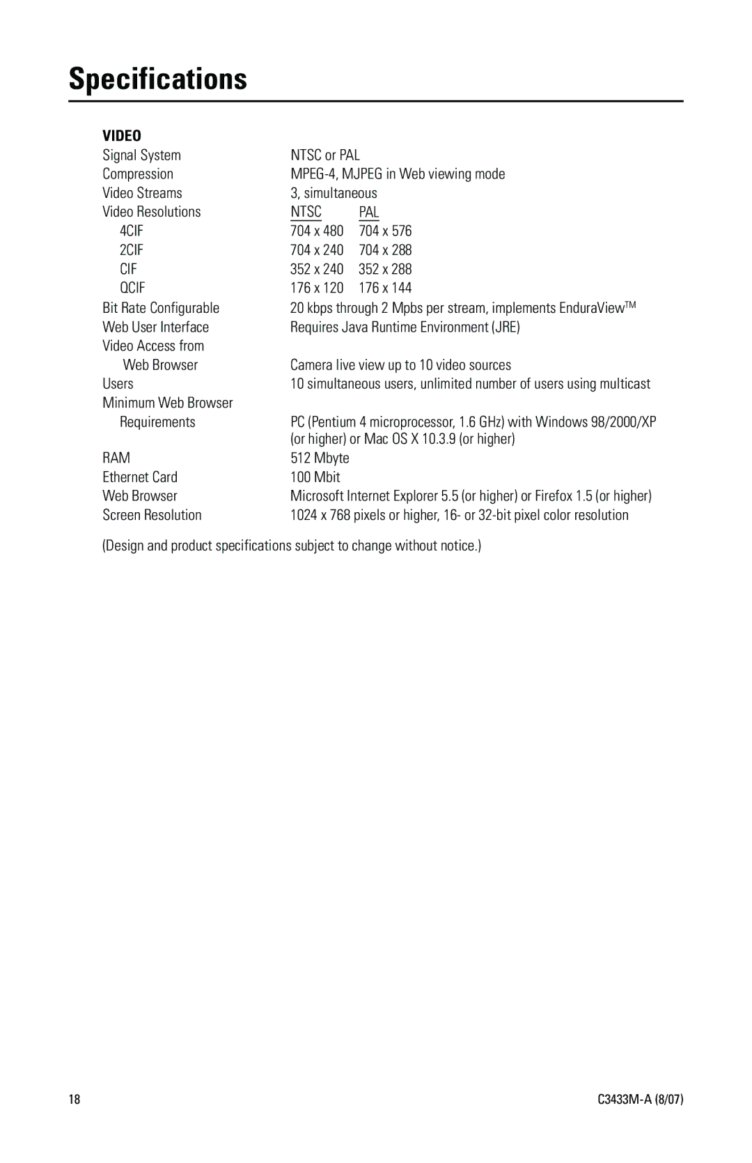 Pelco IP3701H quick start Specifications, Video 