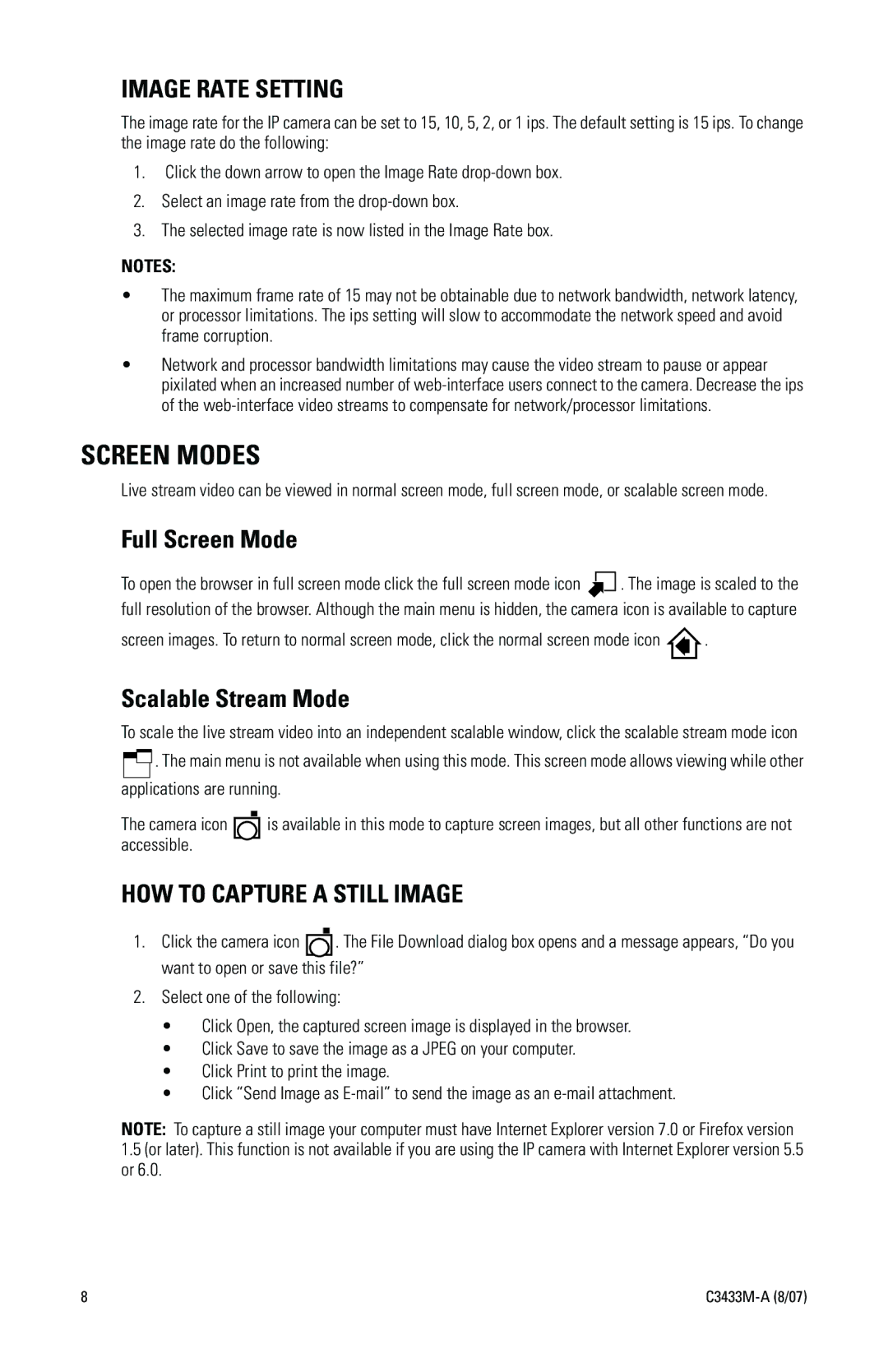 Pelco IP3701H Screen Modes, Image Rate Setting, Full Screen Mode, Scalable Stream Mode, HOW to Capture a Still Image 