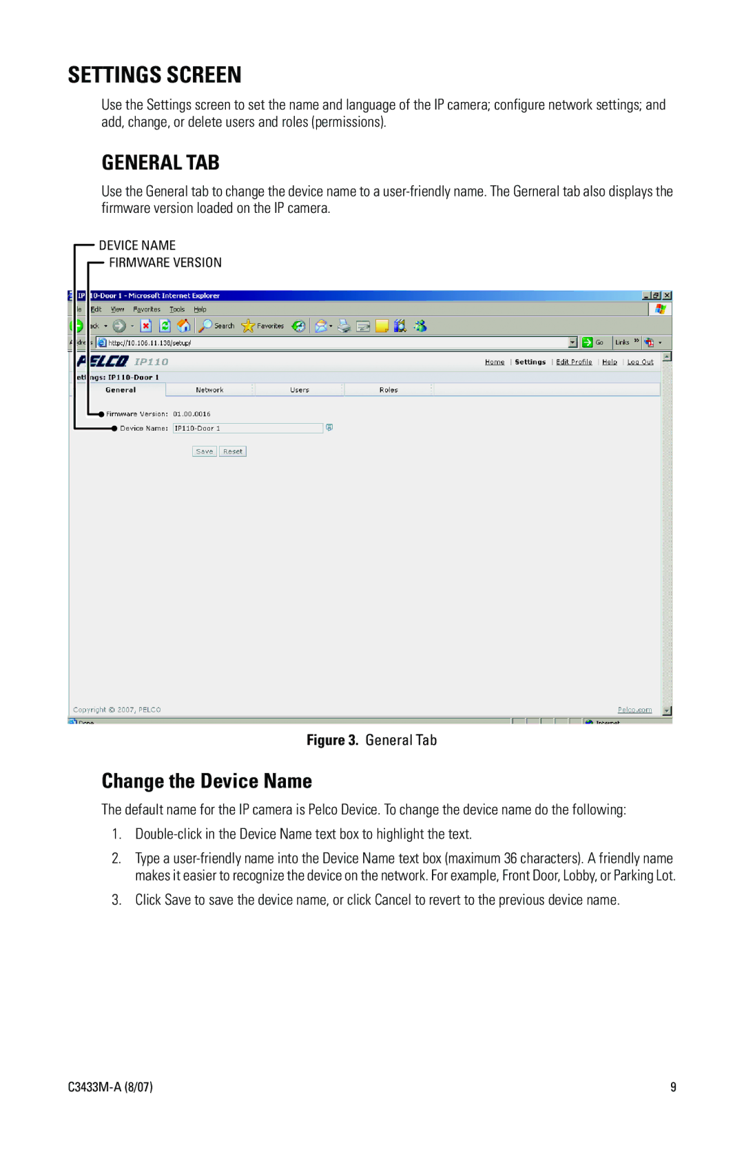 Pelco IP3701H quick start Settings Screen, General TAB, Change the Device Name 