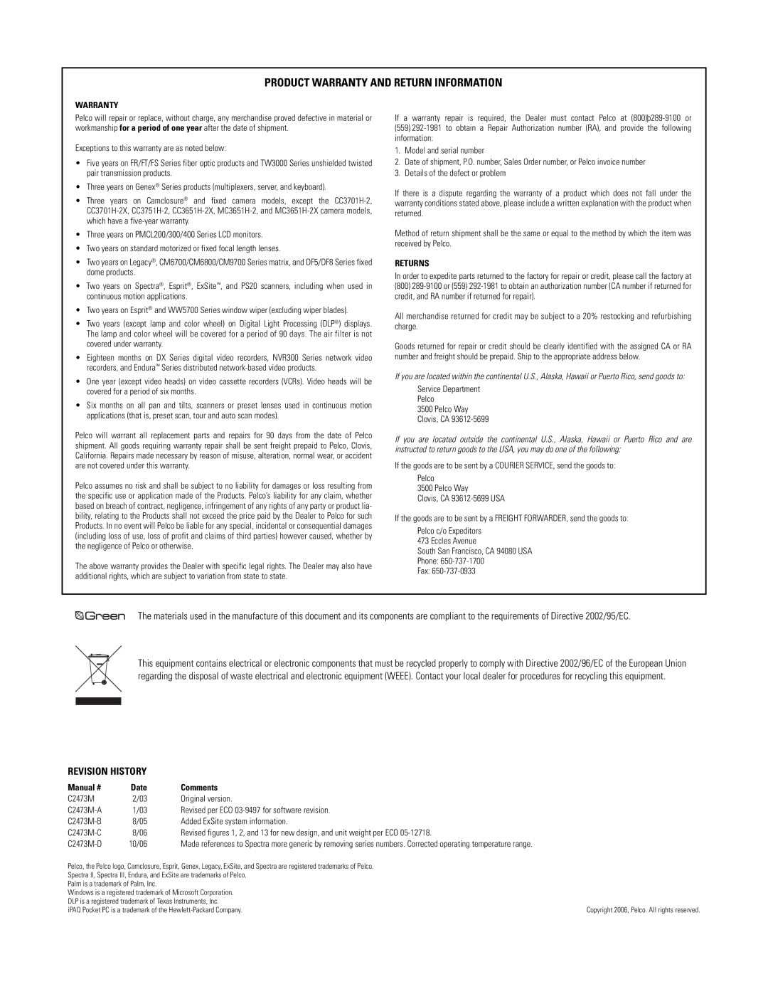 Pelco ips-rdpe-2 manual Product Warranty and Return Information 