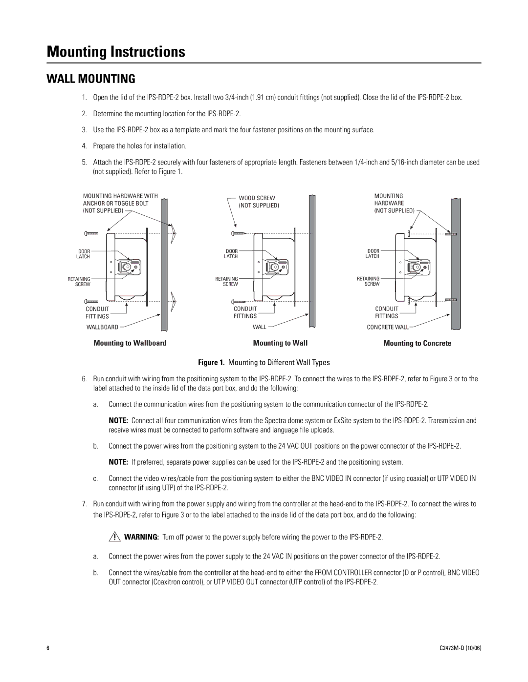 Pelco ips-rdpe-2 manual Mounting Instructions, Wall Mounting 