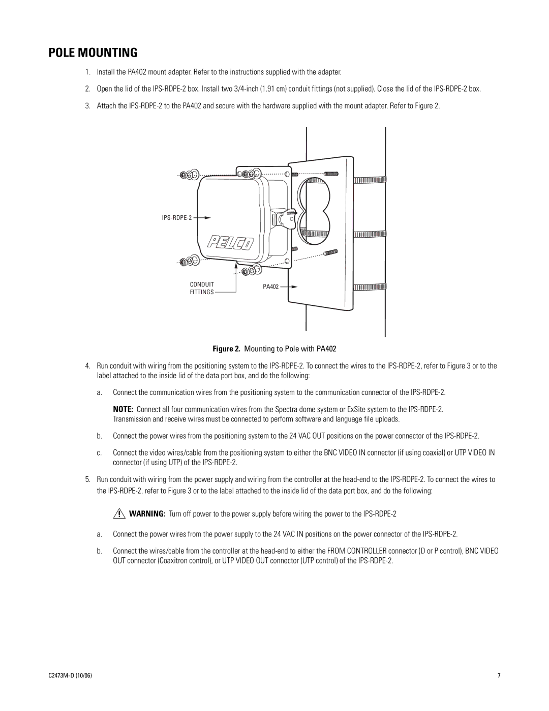 Pelco ips-rdpe-2 manual Pole Mounting 