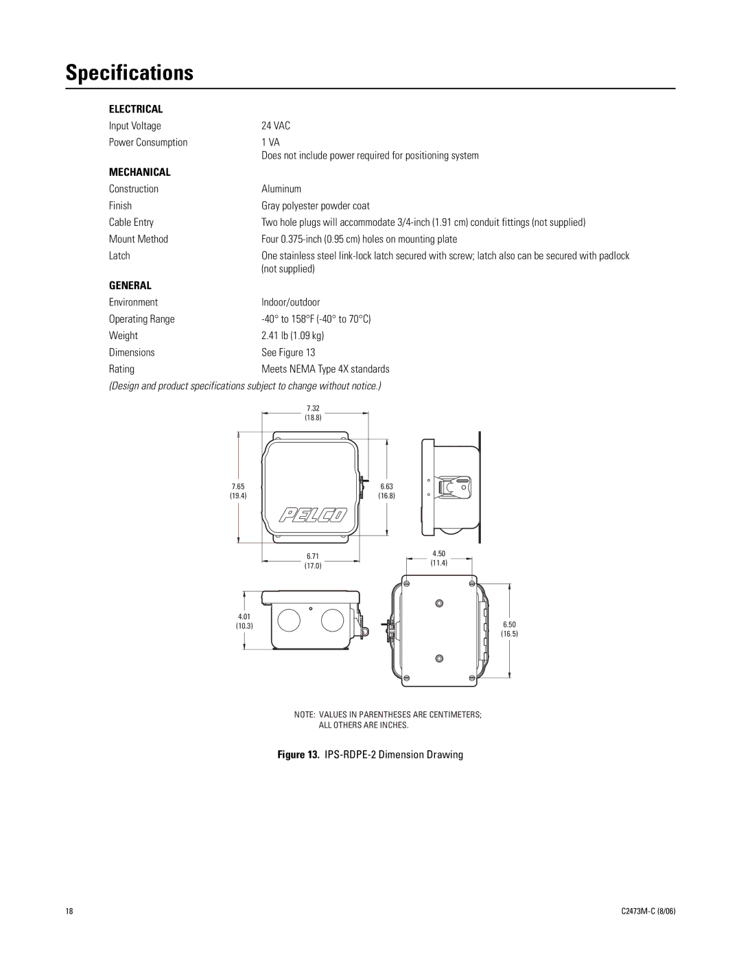 Pelco ips-rdpe-2 manual Specifications, Electrical 