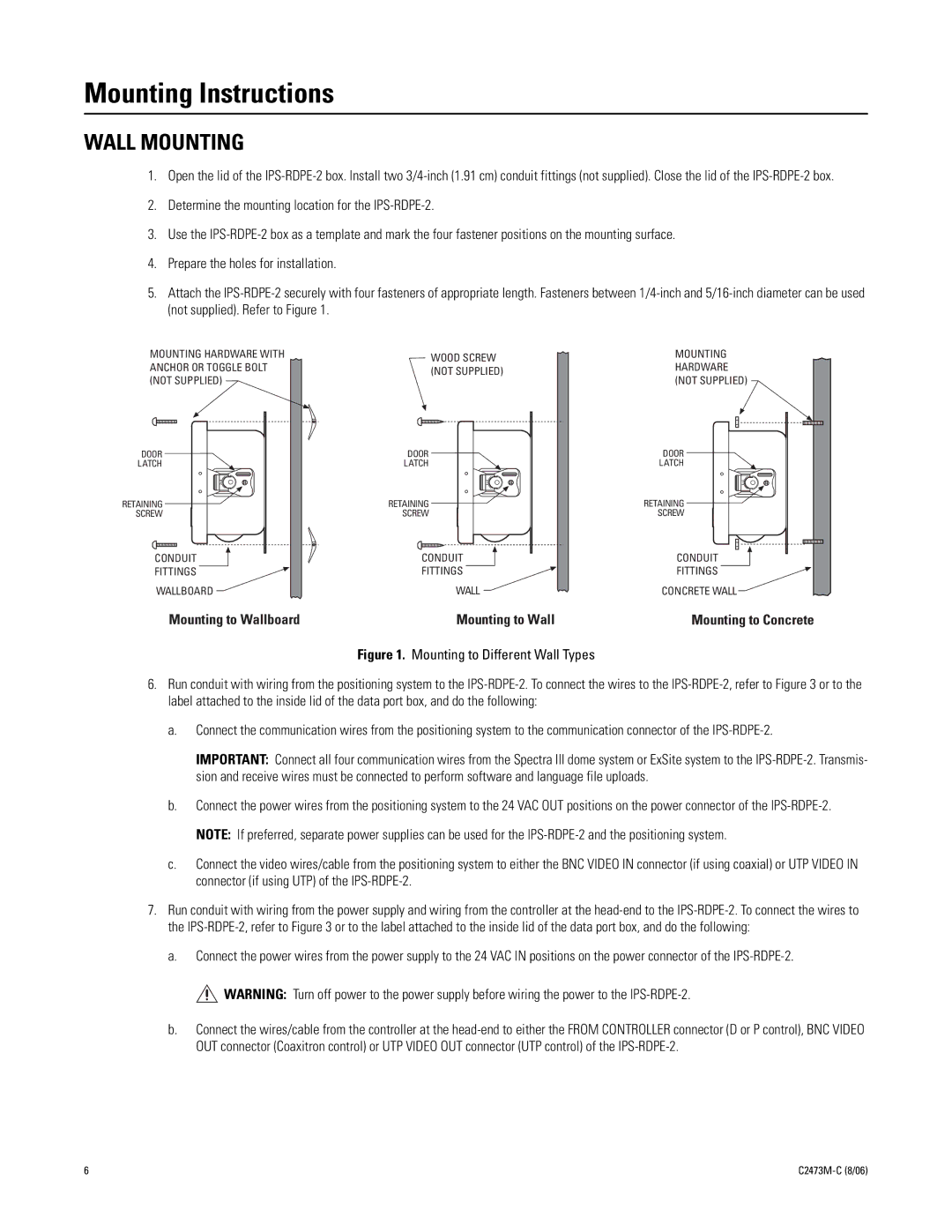 Pelco ips-rdpe-2 manual Mounting Instructions, Wall Mounting 