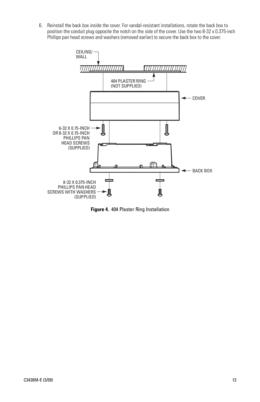 Pelco IS110 manual Plaster Ring Installation 