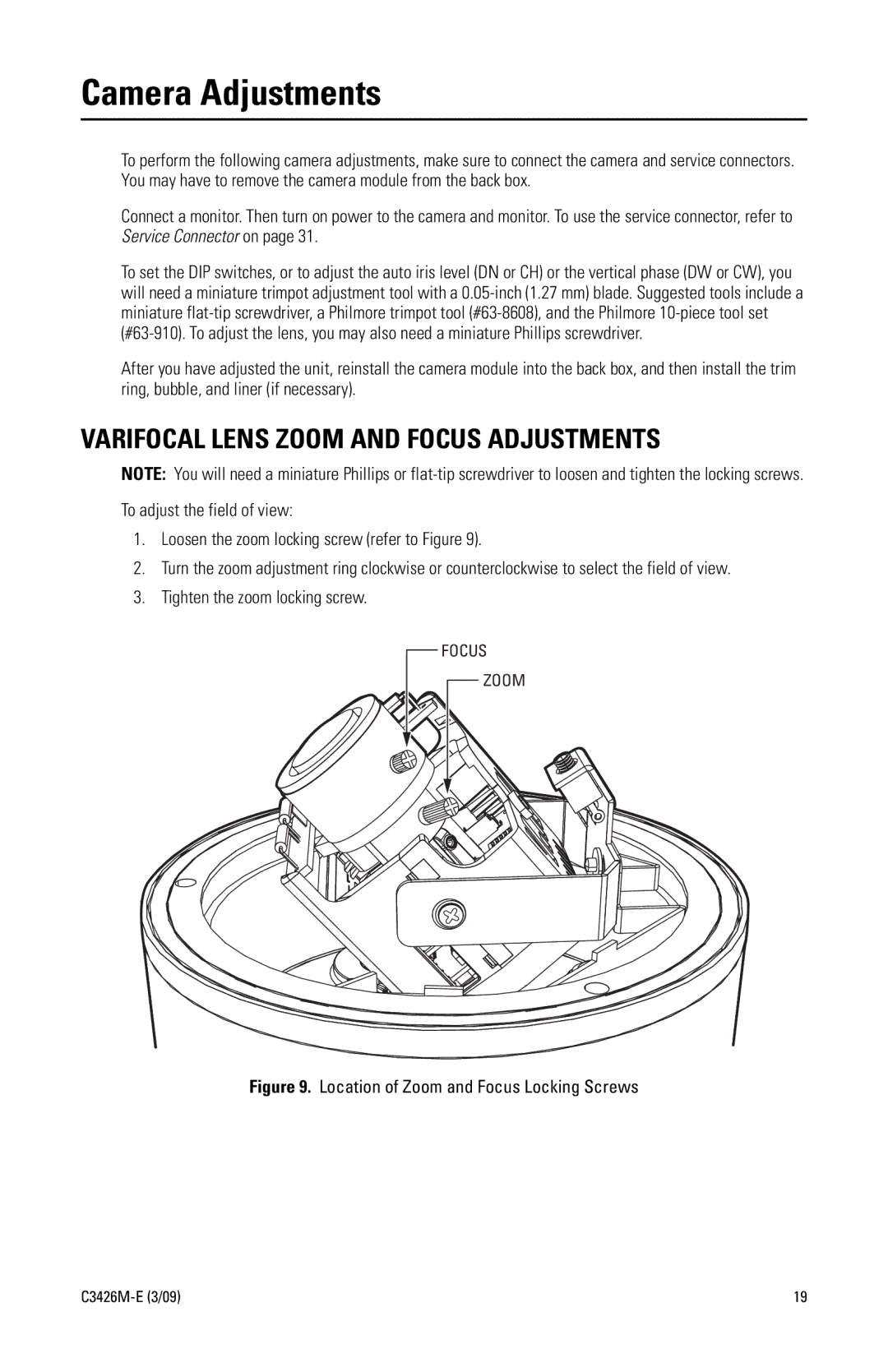 Pelco IS110 manual Camera Adjustments, Varifocal Lens Zoom and Focus Adjustments 