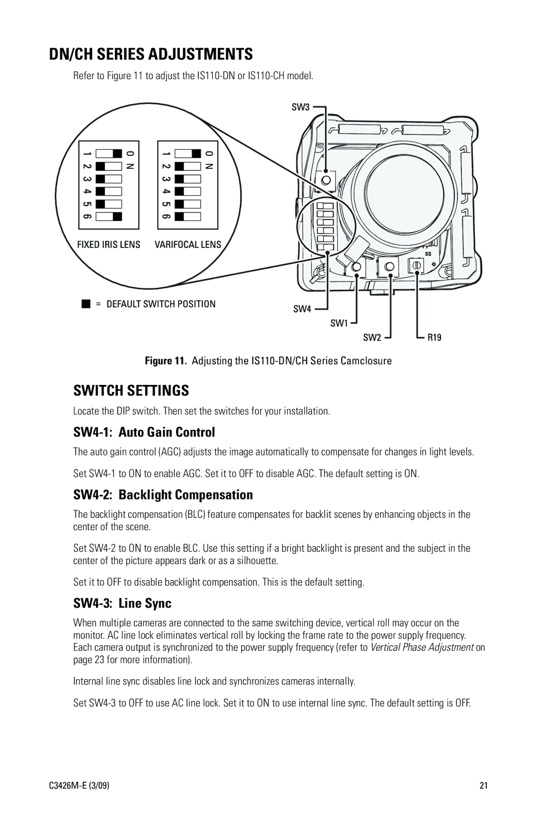 Pelco IS110 manual DN/CH Series Adjustments, Switch Settings 