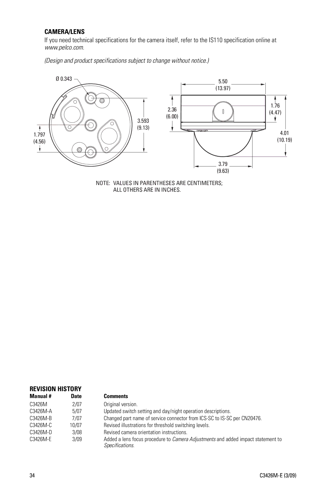 Pelco IS110 manual Camera/Lens 