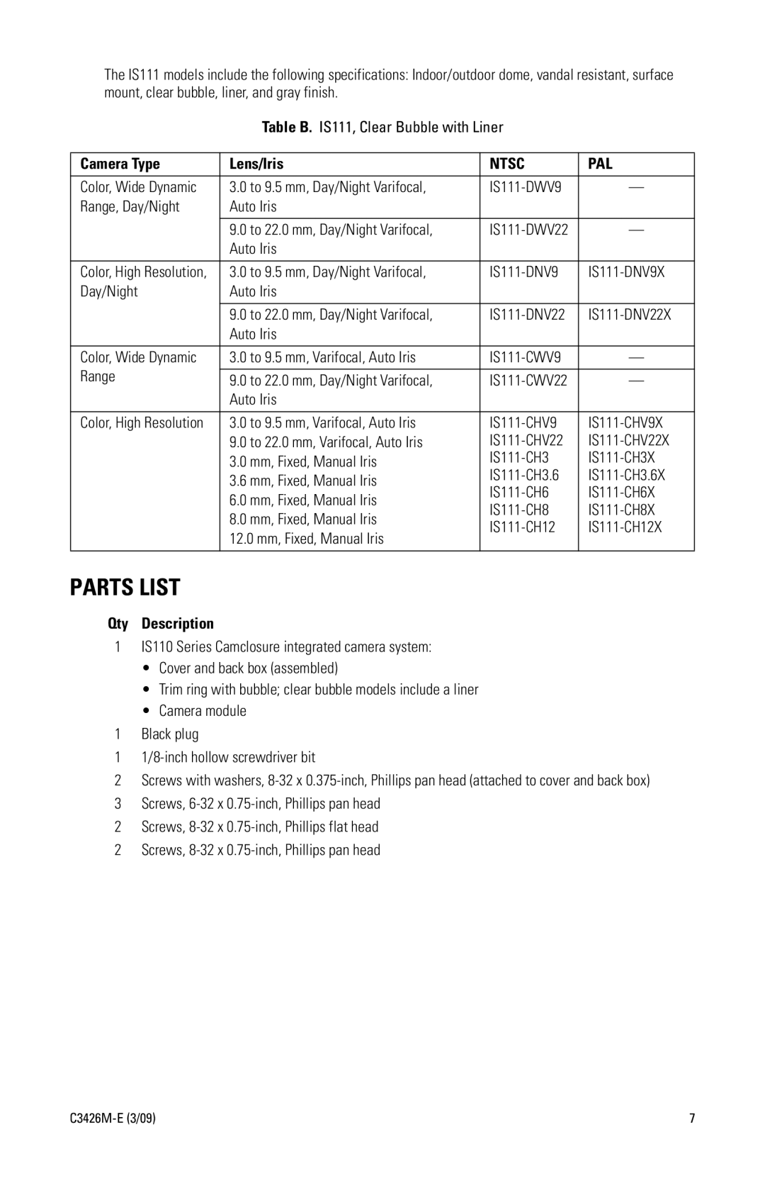 Pelco IS110 manual Parts List, IS111-DNV9X 