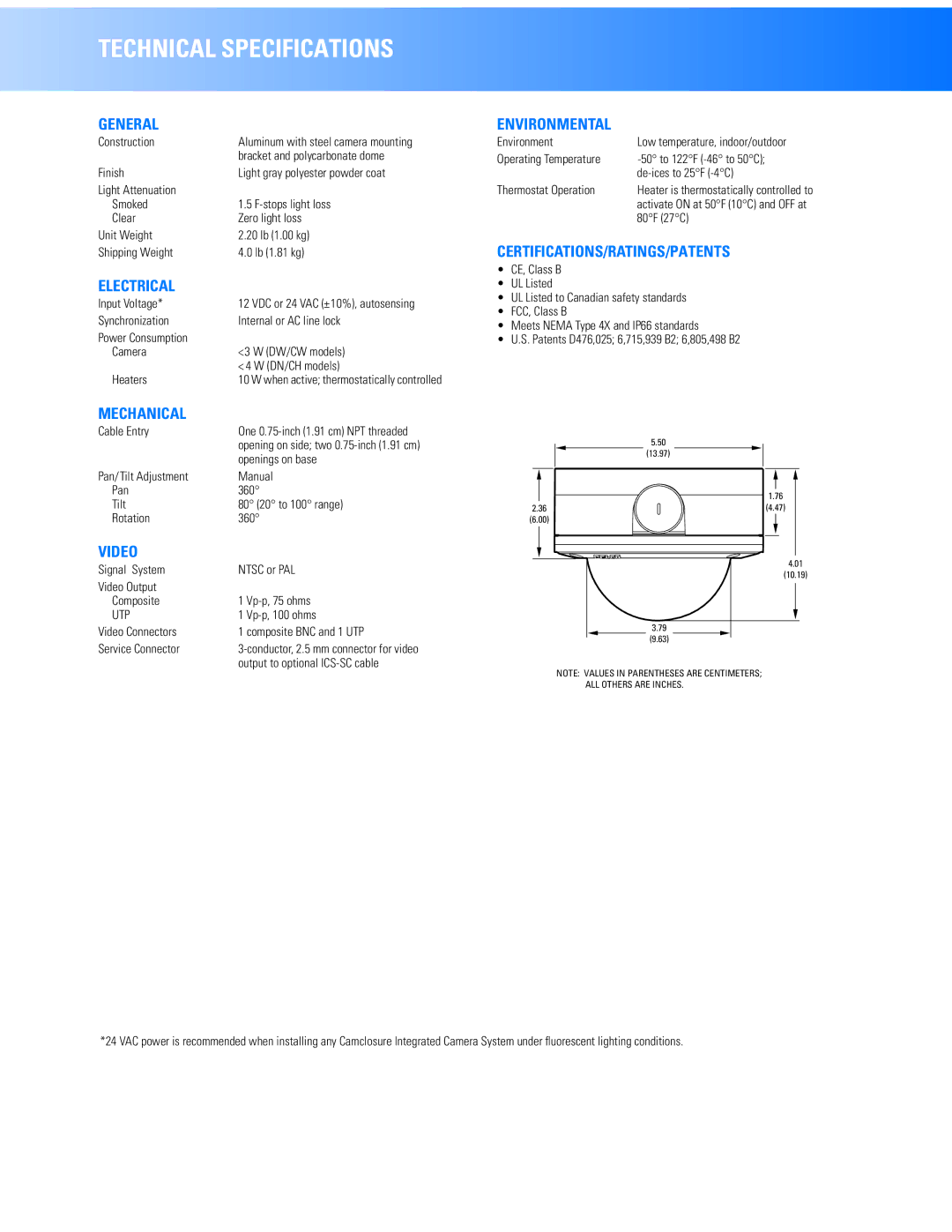 Pelco IS110 manual General, Electrical, Mechanical, Video, Environmental, Certifications/Ratings/Patents 