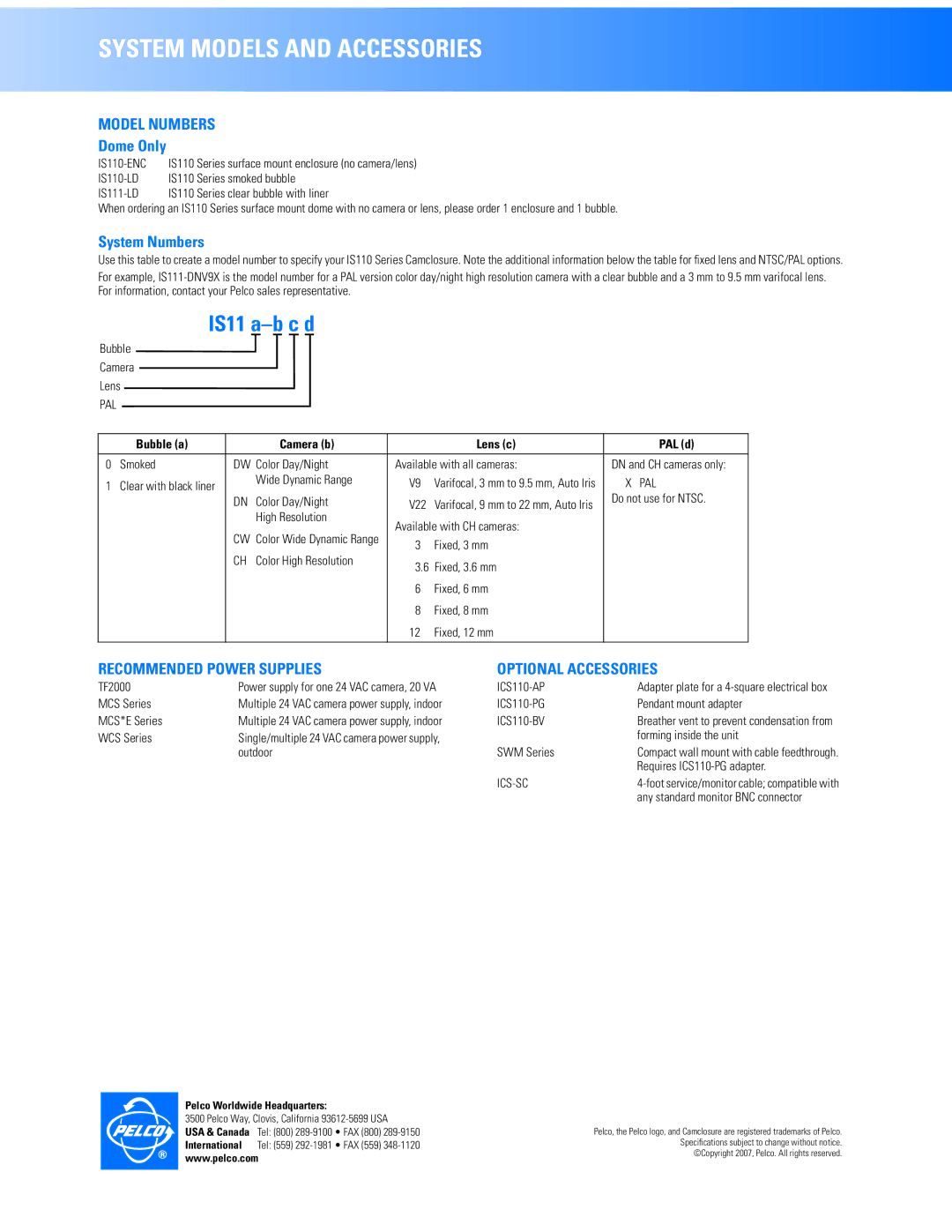 Pelco IS110 manual Model Numbers, Dome Only, System Numbers, Recommended Power Supplies Optional Accessories 