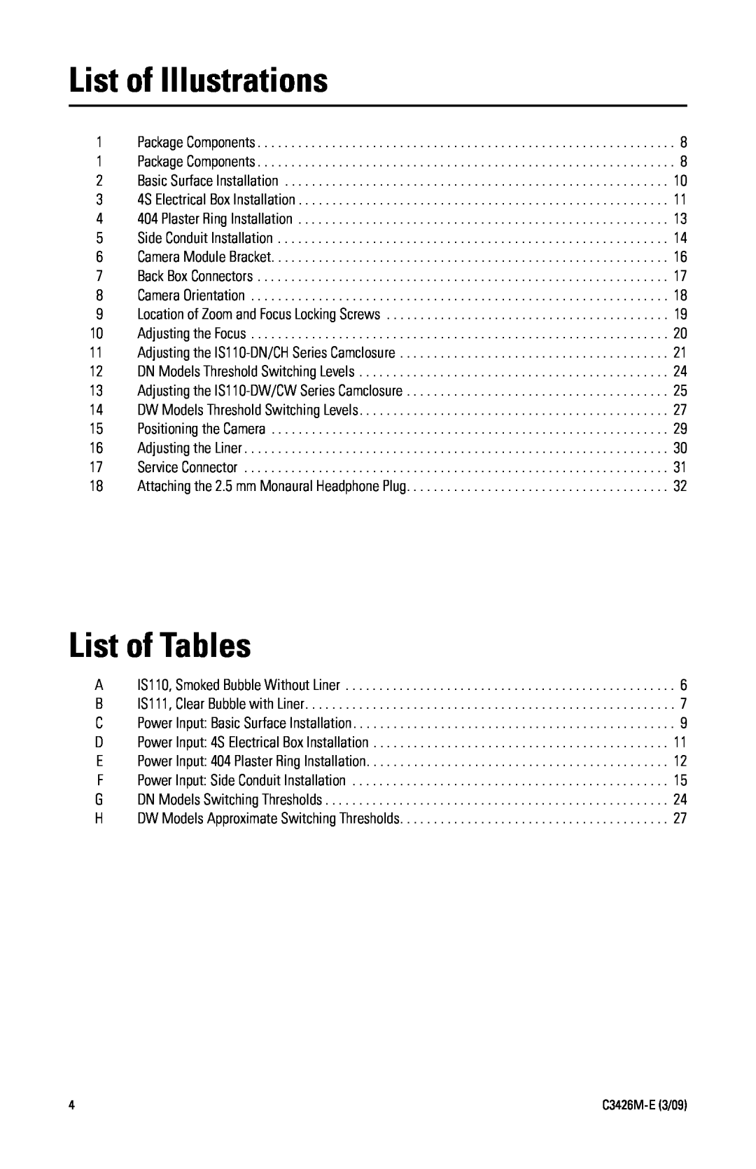 Pelco IS110 manual List of Illustrations, List of Tables 