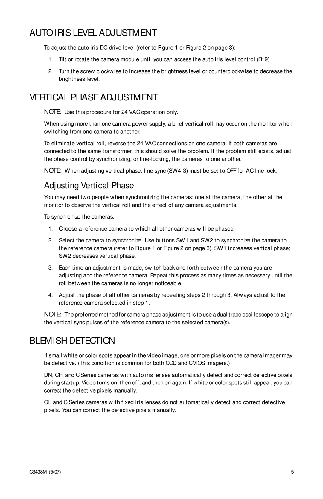 Pelco IS110, IS150 manual Auto Iris Level Adjustment, Vertical Phase Adjustment, Blemish Detection, Adjusting Vertical Phase 