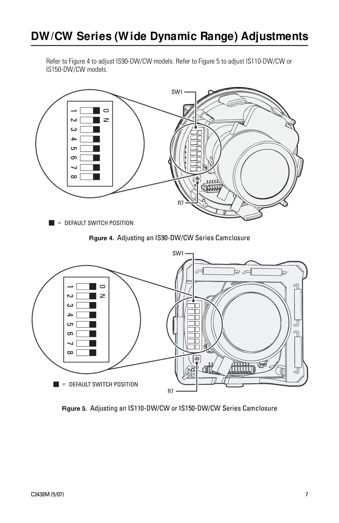 Pelco IS110, IS150 manual DW/CW Series Wide Dynamic Range Adjustments 