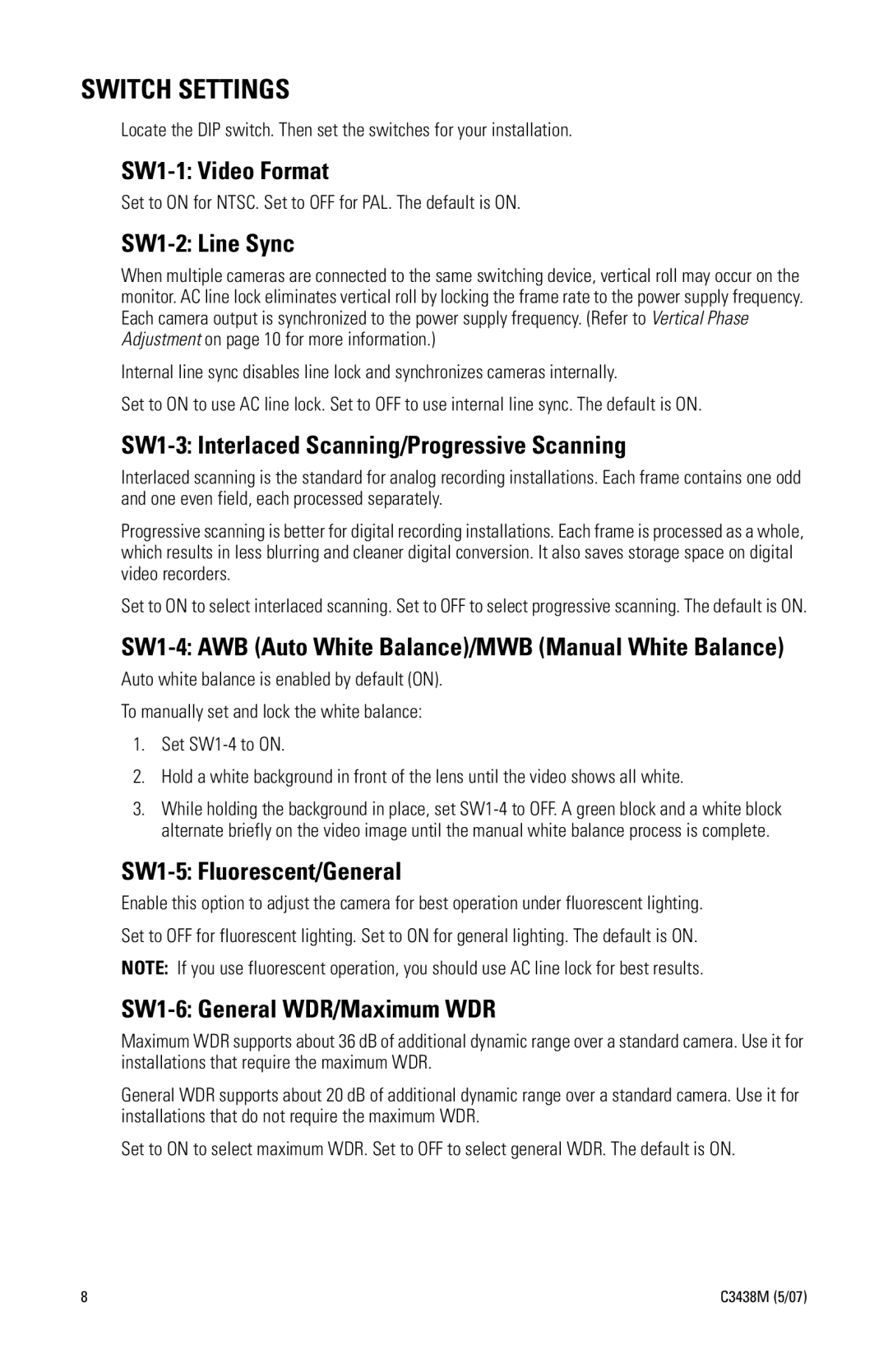 Pelco IS150 SW1-1 Video Format, SW1-2 Line Sync, SW1-3 Interlaced Scanning/Progressive Scanning, SW1-5 Fluorescent/General 