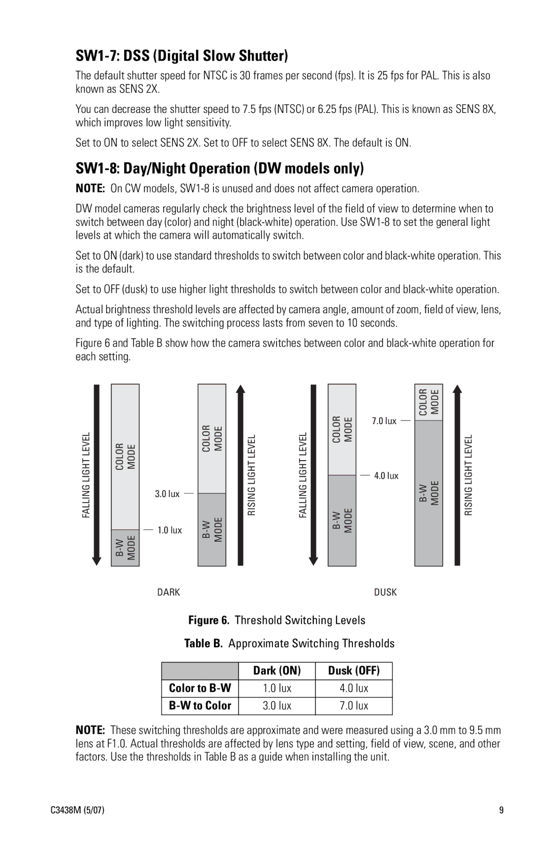 Pelco IS110, IS150 manual SW1-7 DSS Digital Slow Shutter, SW1-8 Day/Night Operation DW models only 