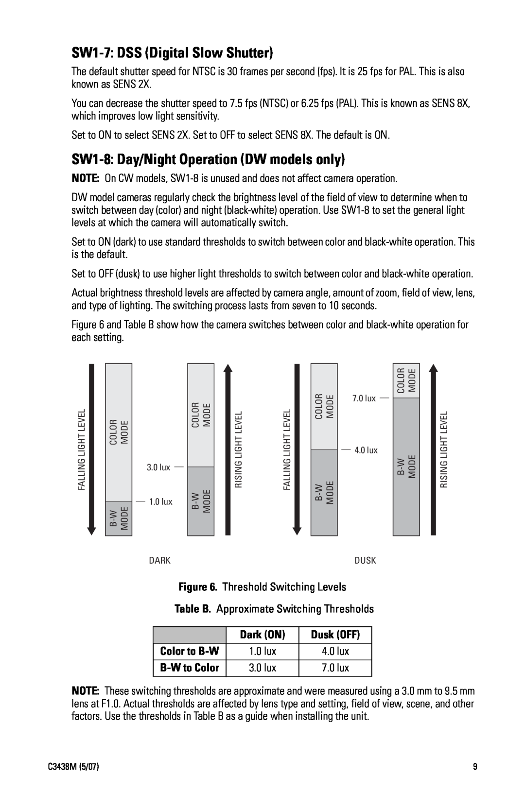 Pelco IS110, IS150 manual SW1-7 DSS Digital Slow Shutter, SW1-8 Day/Night Operation DW models only, Dark ON, Dusk OFF 
