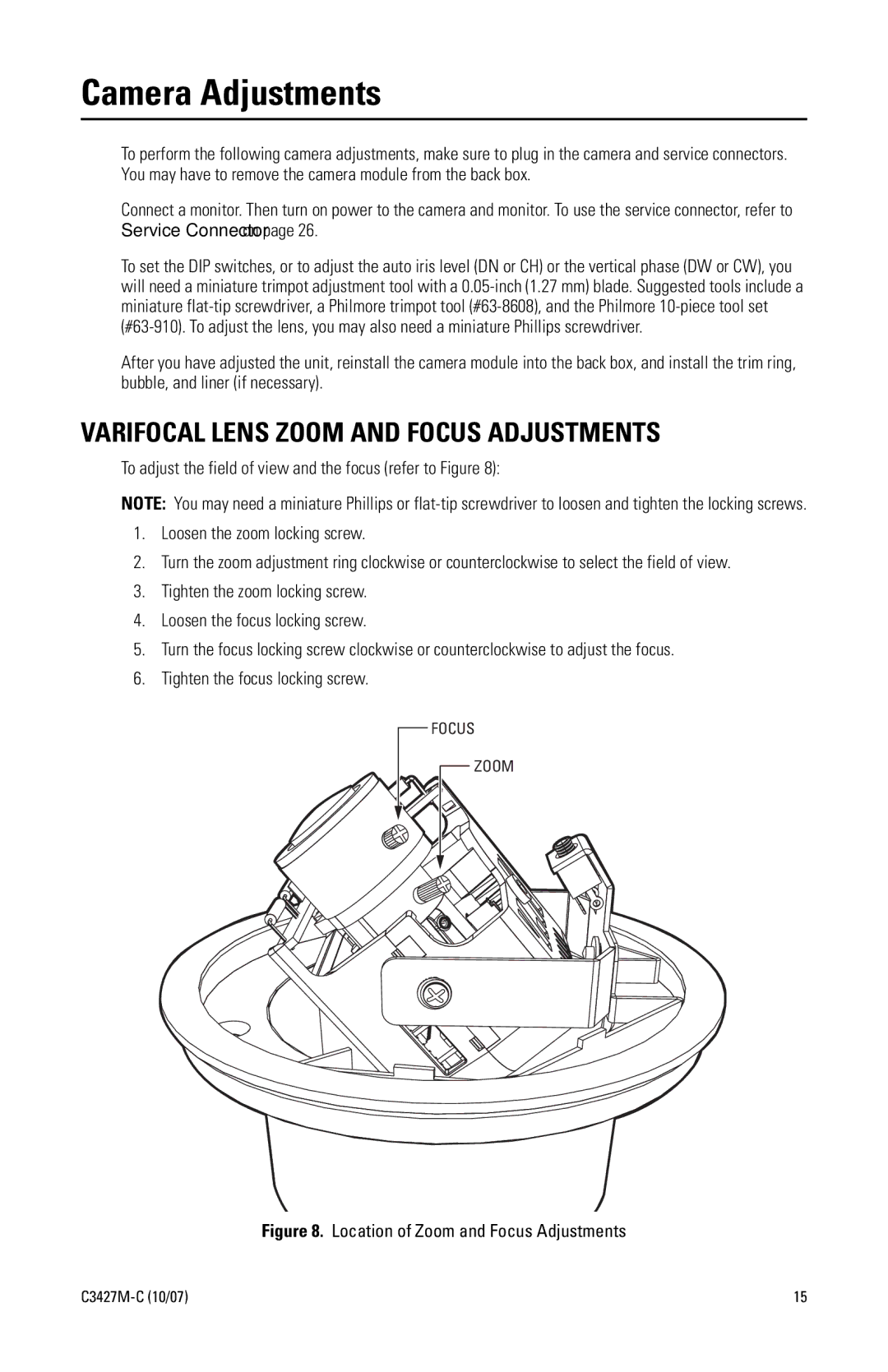 Pelco IS150 manual Camera Adjustments, Varifocal Lens Zoom and Focus Adjustments 