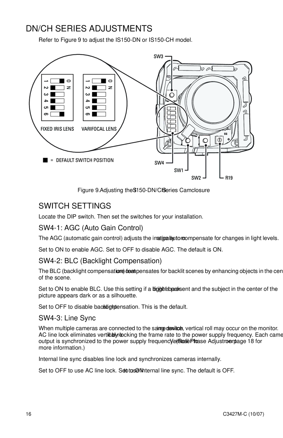 Pelco IS150 manual DN/CH Series Adjustments, Switch Settings 