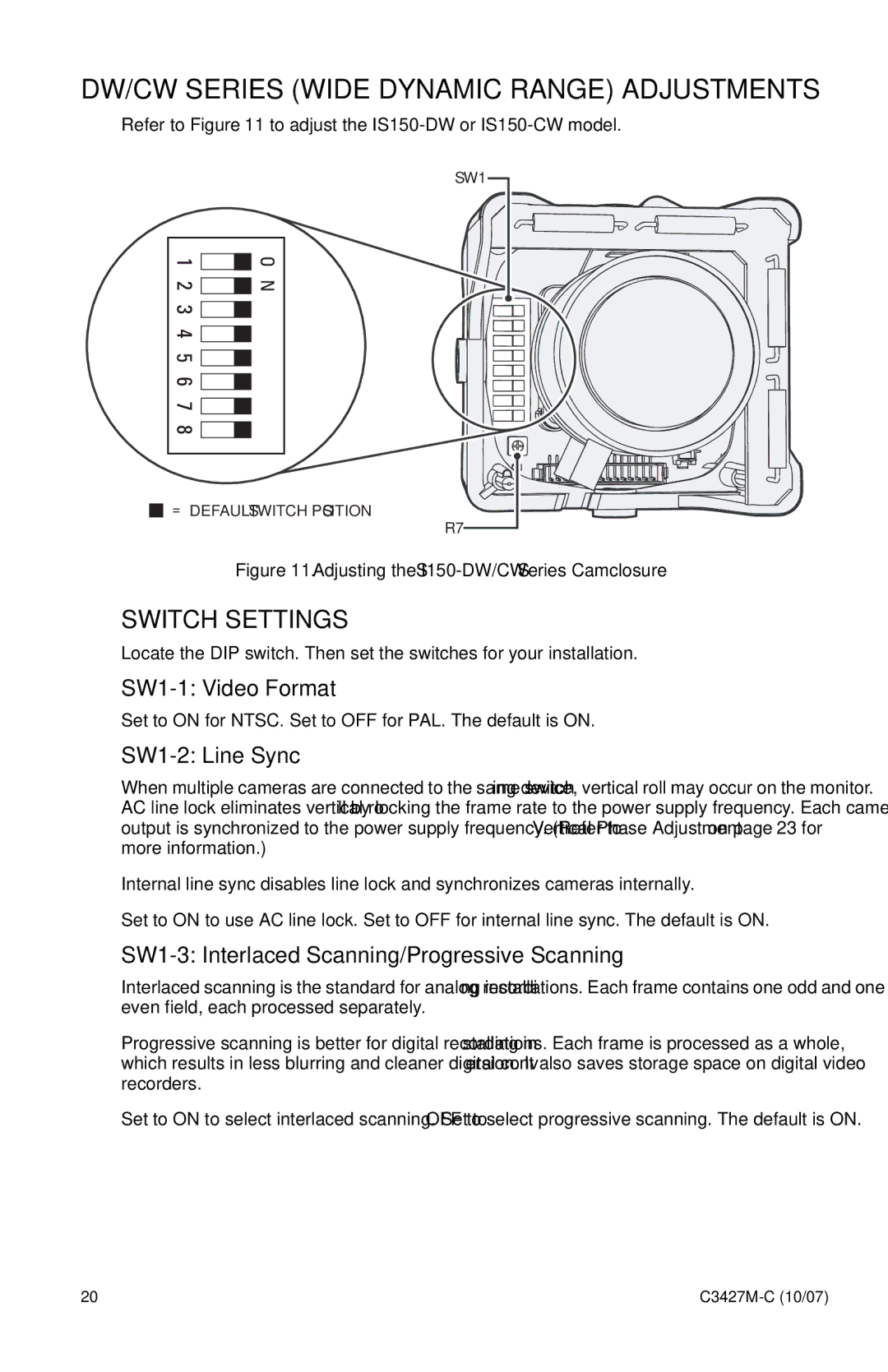 Pelco IS150 manual DW/CW Series Wide Dynamic Range Adjustments, SW1-2 Line Sync 