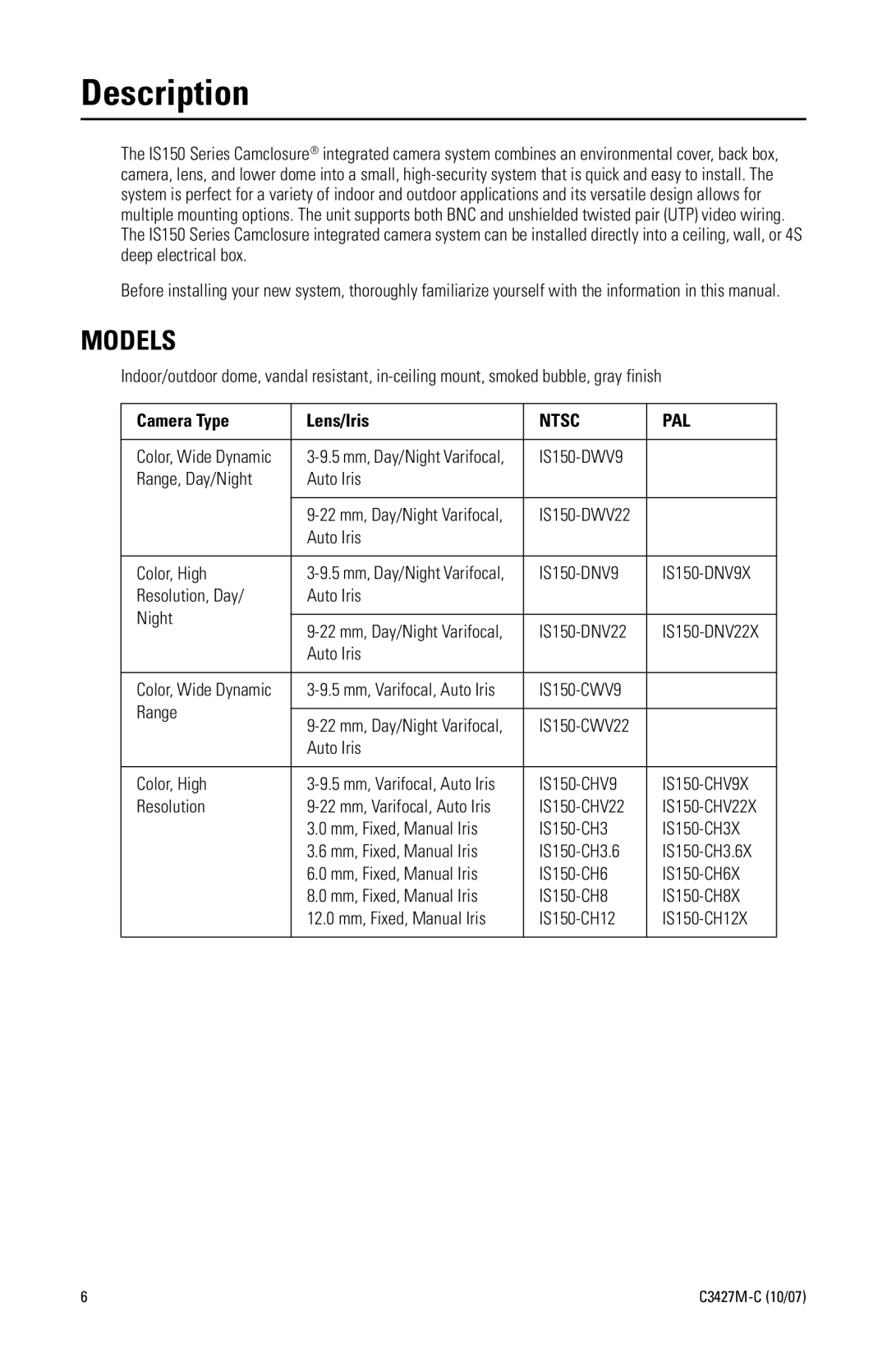 Pelco IS150 manual Description, Models 